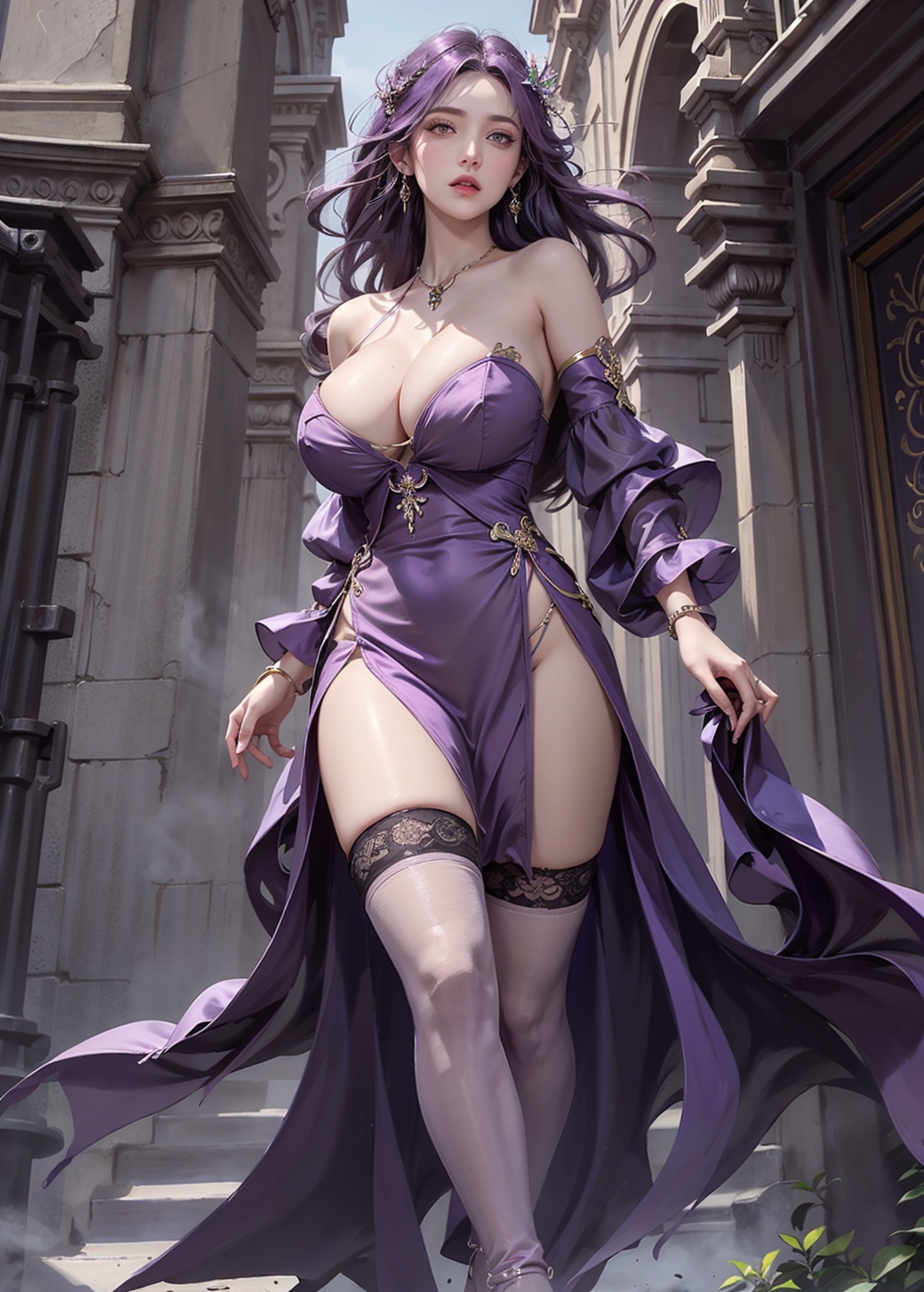 1girl,purple hair,dress,thighhighs,solo,hair ornament,purple dress,large breasts,bare shoulders,long hair,cleavage,detached sleeves,black thighhighs,outdoors,thighs,unbuttoned clothes,(gigantic breasts:1.3),areola,nipples,incredibly absurdres,artbook,game cg,****,fair_skin,curvy,makeup,purple eyes,long legs,(from_below:1.3),(looking_at_viewer:1.3),depth_of_field,realistic,((wash painting)),((ink s...)),wallpaper,standing,<lora:完美世界新云曦2.0_2.0:0.8>,(m_legs:1.3),