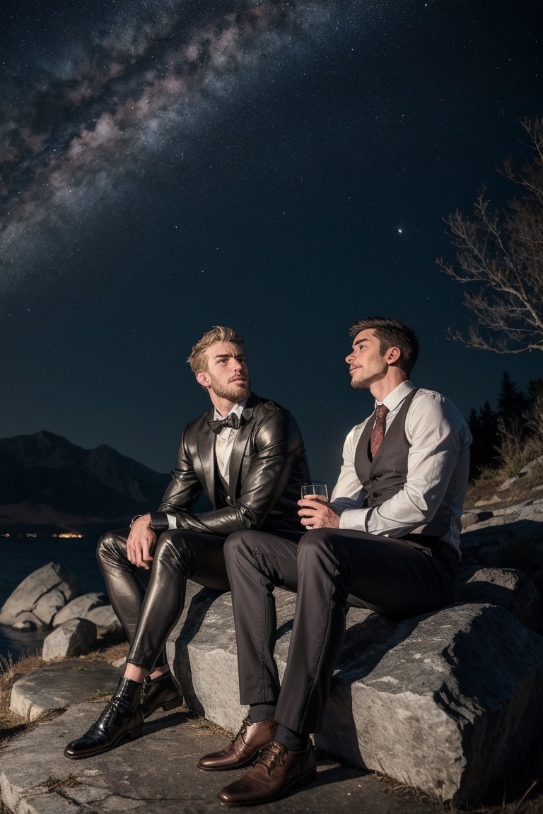 Handsome Men ,  Sitting on a rock and looking at the stars on Tensor.Art