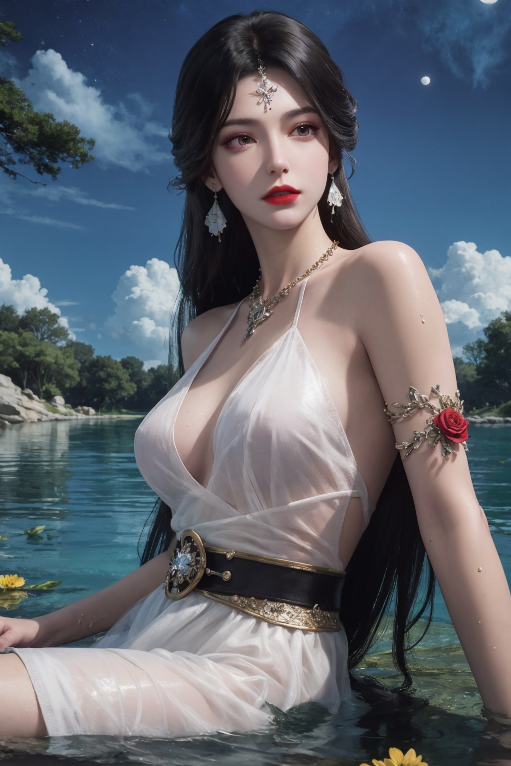 a girl, dress, jewelry, solo, long hair, bracelet,white dress, necklace, bare shoulders, long dress, breasts, flower, black hair, night, closed mouth, arms at sides,tree，moon，eye-shadow,(lying in water:1.0), red lips, outdoors, looking at viewer, earrings, necklace, day,in the pool，roses，sky，blue sky，cloud，flowers，upper body，ultra-detailed, highres, extremely detailed,best quality ,masterpiece, illustration, extremely delicate and beautiful,CG ,unity ,8k wallpaper,Amazing, finely detail,official art,<lora:dingdang-zhouzihong:0.55>