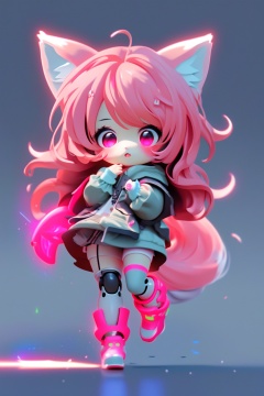 best quality,masterpiece,illustration,1girl,solo,full body,Fox ears,Mecha,machine,Bushy tail,Blank background,Mechanical leg,(Fluorescent color:1.5),(Laser violet:1.1),Fox fire,Fluorescent pink,fox ear,loli,petety,pixar, chibi,new_blue_b