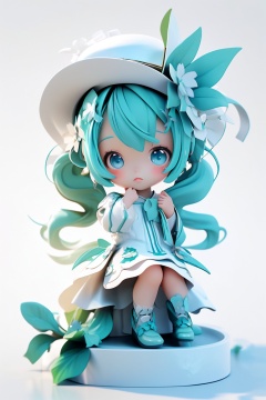 1girl,hatsune miku,long hair,solo,twintails,chibi,hat,white background,flower,hair flower,hair ornament,green hair,sitting,simple background,dress,looking at viewer,white dress,white headwear,very long hair,blue eyes,aqua hair,bangs,faux figurine,plant,chibi,Blind box,3D model rendering,