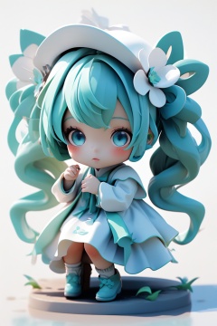 1girl,hatsune miku,long hair,solo,twintails,chibi,hat,white background,flower,hair flower,hair ornament,green hair,sitting,simple background,dress,looking at viewer,white dress,white headwear,very long hair,blue eyes,aqua hair,bangs,faux figurine,plant,chibi,Blind box,3D model rendering,