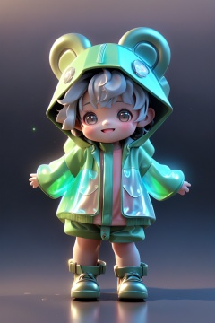 Little Boy,Super cute boy,full body,happy,beartransparent raincoat,bear transparent fluorescenttranslucent holographic pajamas,blind box,popmart design,holographic,diamond luster,metallictexture,fluorescent,holographic,exaggeratedexpressions and movements,bright light,clay material,precision mechanical parts,close-upintensity,3d,ultra-detailed,(C4D:1),octane rendering,with bear,Blender,8K,HD,3DMM,full body,chibi,standing,eye contact,solo,smile