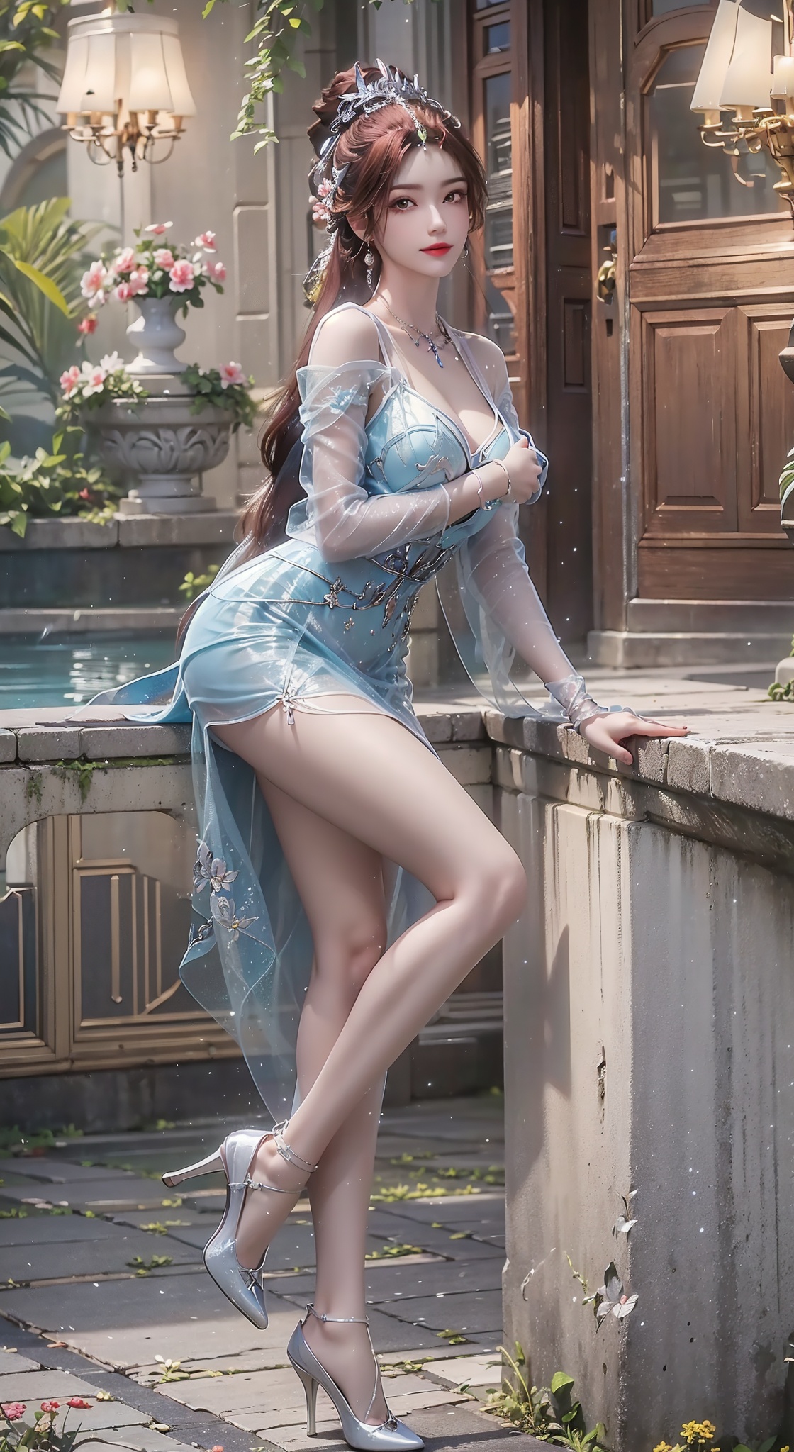 (8k, RAW photo, best quality, masterpiece:1.2)(realistic, photo-realistic:1.1),ultra-detailed,extremely detailed cg 8k wallpaper(crystalstexture skin:1.4),(extremely delicate and beautiful)YQX,1girl,portrait,long hair,long dress,ponytail,solo,(brwon hair),(brown eyes), baby face, delicate makeup earrings,jewelry,closed mouth,huge breast,smile,collarbone,red lips,(white skin),outdoors, spon and detached sleeves,upper body, perfect, flowers, ,looking at viewer,