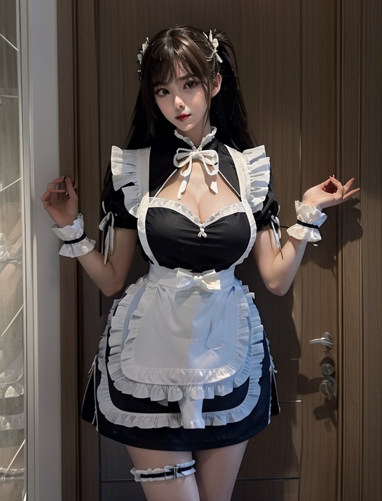 (masterpiece, best quality:1.4),finely detailed,1girl,solo,pale skin,perfect body,(gigantic breasts:1.2),standing,dress,apron,maid,maid,maid apron,maid headdress,<lora:性感新国风女仆-000006:0.8>,