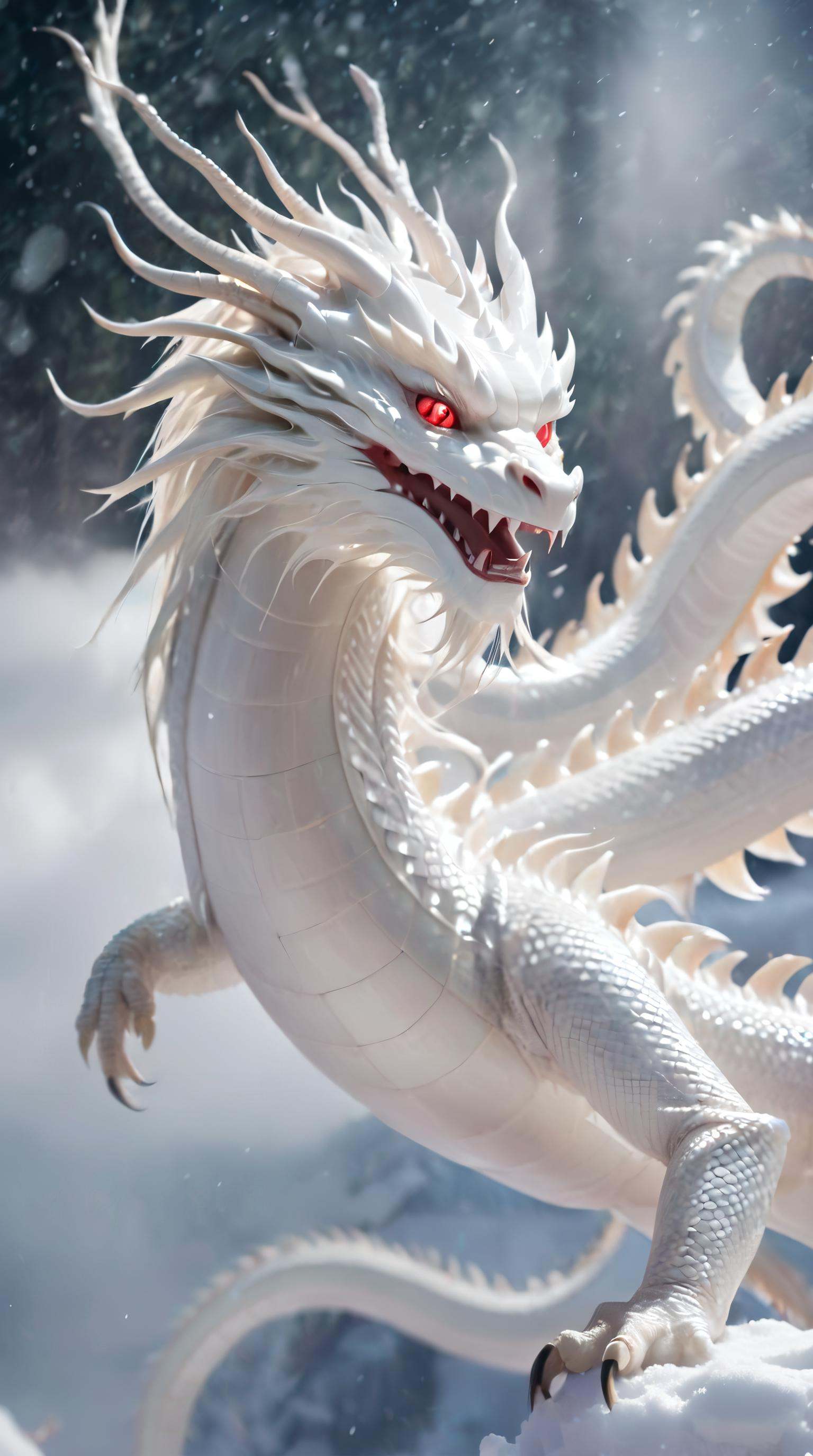 <lora:xl-shanbailing-1025-eastern dragon-000008:0.95>,bailing_eastern dragon,dragon suspended in the air there are clouds,snow,outdoors,red eyes,long hair,snowing,from behind,White dragon,