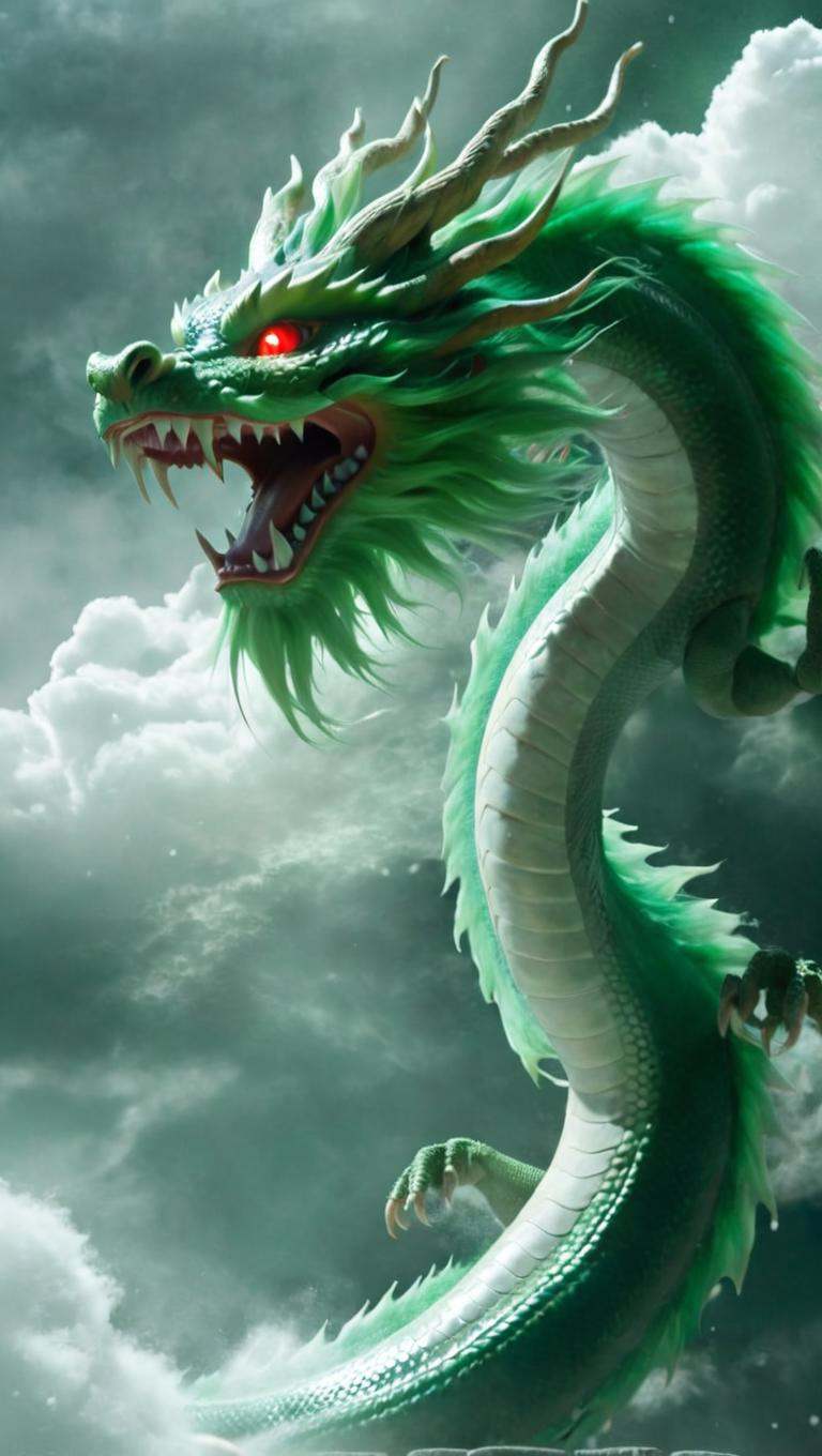 <lora:xl-shanbailing-1025-eastern dragon-000008:0.95>,bailing_eastern dragon,dragon suspended in the air there are clouds,outdoors,red eyes,long hair,snowing,the green dragon,