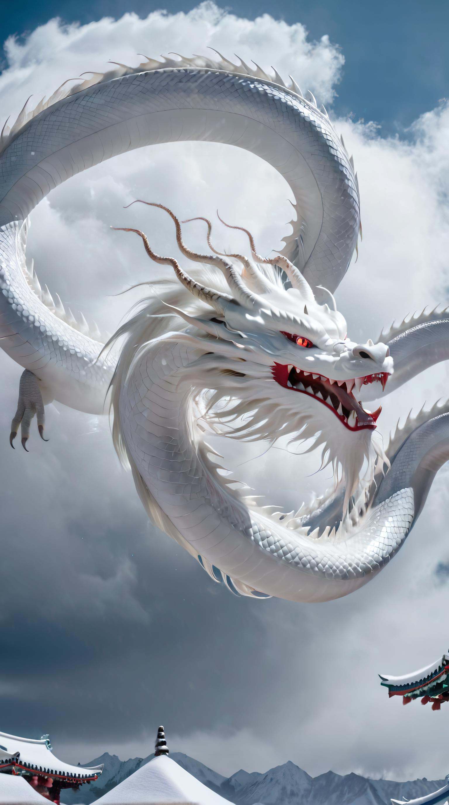 <lora:xl-shanbailing-1025-eastern dragon-000008:0.85>,bailing_eastern dragon,dragon suspended in the air there are clouds,snow,outdoors,red eyes,long hair,snowing,from behind,White dragon,