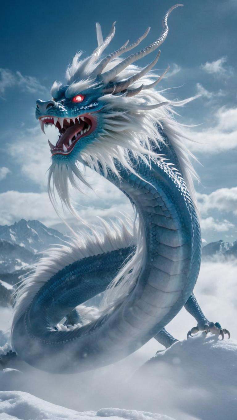 <lora:xl-shanbailing-1025-eastern dragon-000008:0.9>,bailing_eastern dragon,dragon suspended in the air there are clouds,snow,outdoors,red eyes,long hair,snowing,from behind,blue_dragon,