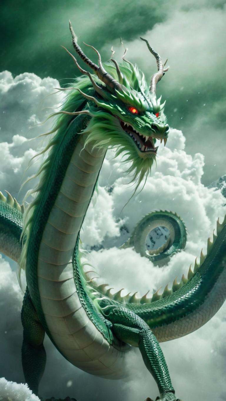 <lora:xl-shanbailing-1025-eastern dragon-000008:0.95>,bailing_eastern dragon,dragon suspended in the air there are clouds,outdoors,red eyes,long hair,snowing,the green dragon,
