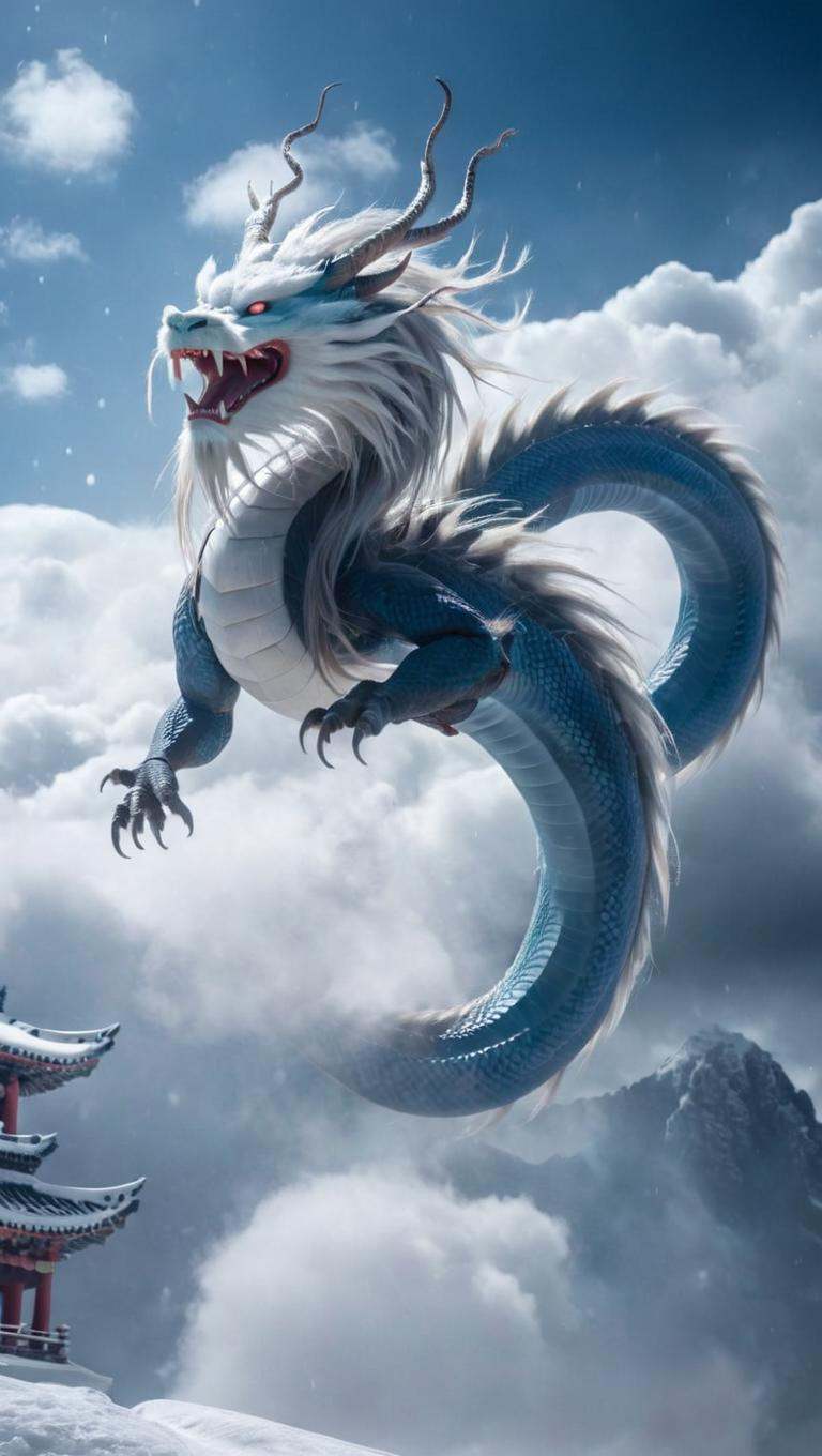 <lora:xl-shanbailing-1025-eastern dragon-000008:0.9>,bailing_eastern dragon,dragon suspended in the air there are clouds,snow,outdoors,red eyes,long hair,snowing,blue_dragon,