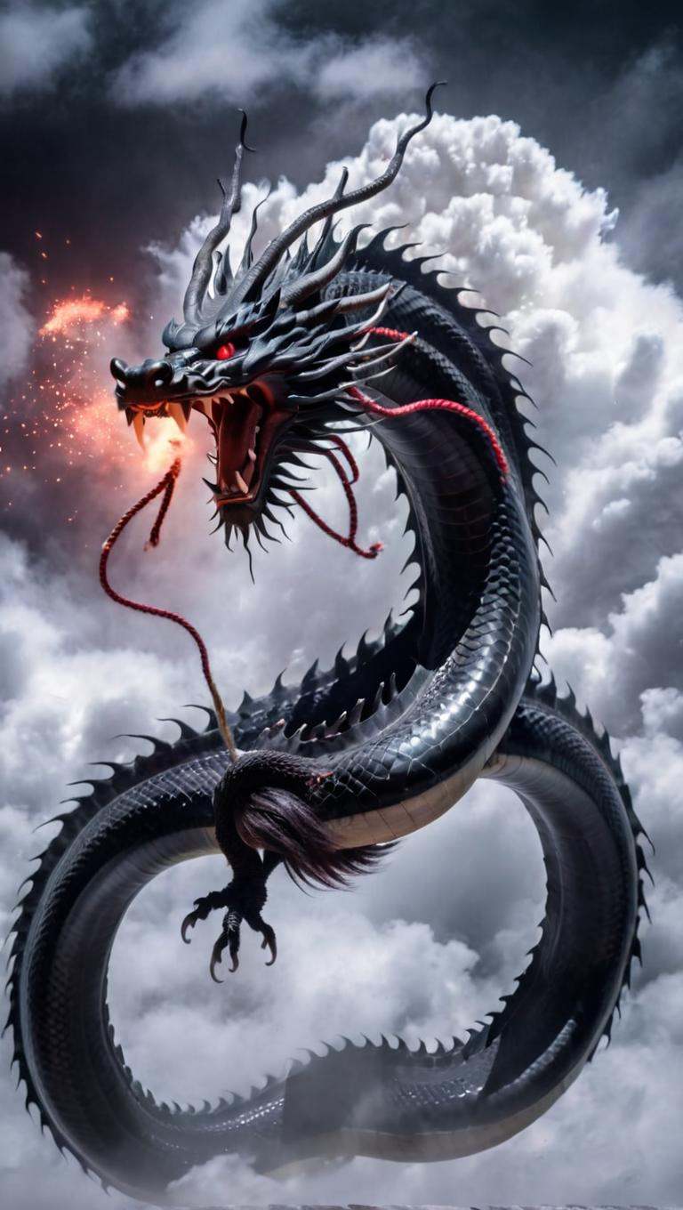 <lora:xl-shanbailing-1025-eastern dragon-000008:0.95>,bailing_eastern dragon,dragon suspended in the air there are clouds,outdoors,red eyes,long hair,snowing,from behind,black dragon,