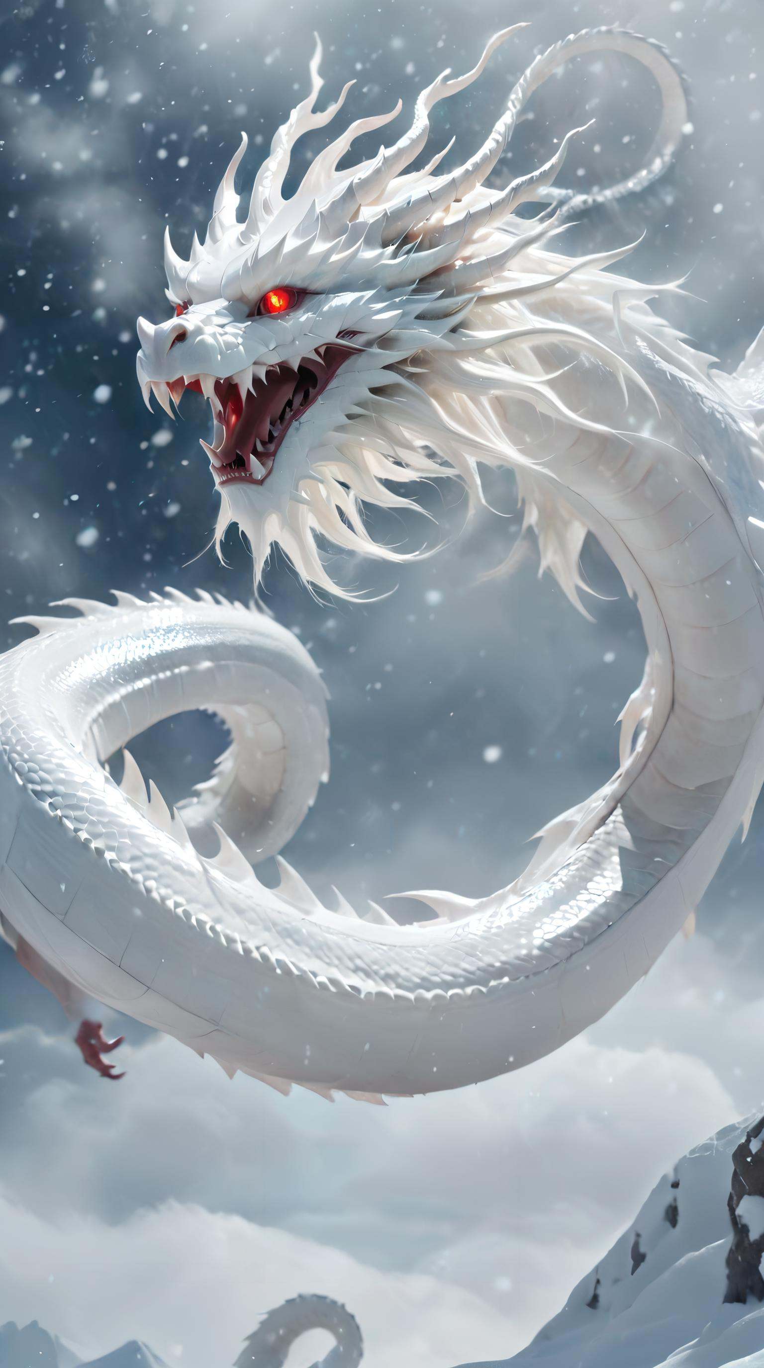 <lora:xl-shanbailing-1025-eastern dragon-000008:1>,dragon suspended in the air there are clouds,snow,outdoors,red eyes,long hair,snowing,from behind,White dragon,