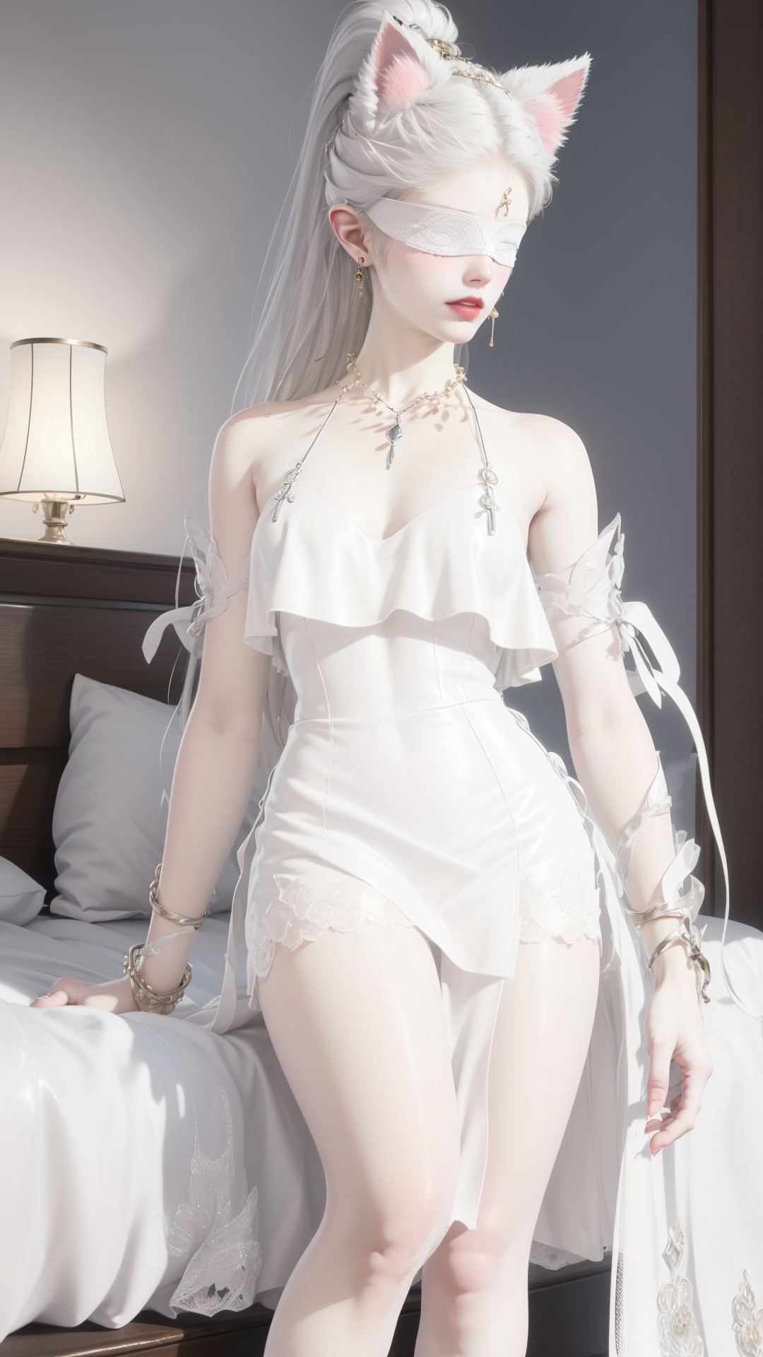 A girl, with long white hair, high ponytail hairstyle, white skirt,Look at the camera,Cat ears, blindfolded, look at the audience, be cold, shut up, lace, off-the-shoulder, thin waist, Half-length photo,Show your thighs, white high heels, fair skin, ribbon, Blindfold, blindfold,exquisite eye makeup, necklaces, earrings, Clothes folds, gorgeous decorations, silver,pointed ears,., Medium breasts, bare shoulders,ninghongye,Indoor scene, sofa, bed, room,
( Best Quality: 1.2 ), ( Ultra HD: 1.2 ), ( Ultra-High Resolution: 1.2 ), ( CG Rendering: 1.2 ), Wallpaper, Masterpiece, ( 36K HD: 1.2 ), ( Extra Detail: 1.1 ), Ultra Realistic, ( Detail Realistic Skin Texture: 1.2 ), ( White Skin: 1.2 ), Focus, Realistic Art, fanxing
