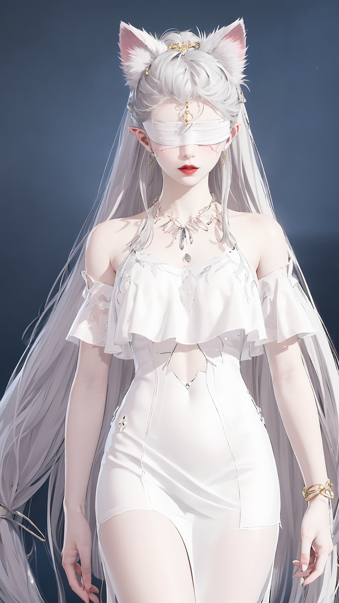 A girl, bust, long white hair, flowing long hair, white skirt,white stress,Thin waist, blindfold, blindfold, exquisite makeup, rosy lips, fair skin, off-the-shoulder, collarbone, necklace, ear chain, pointed ears, cat ears, medium breasts, gorgeous clothing, silver jewelry, lace., ninghongye
