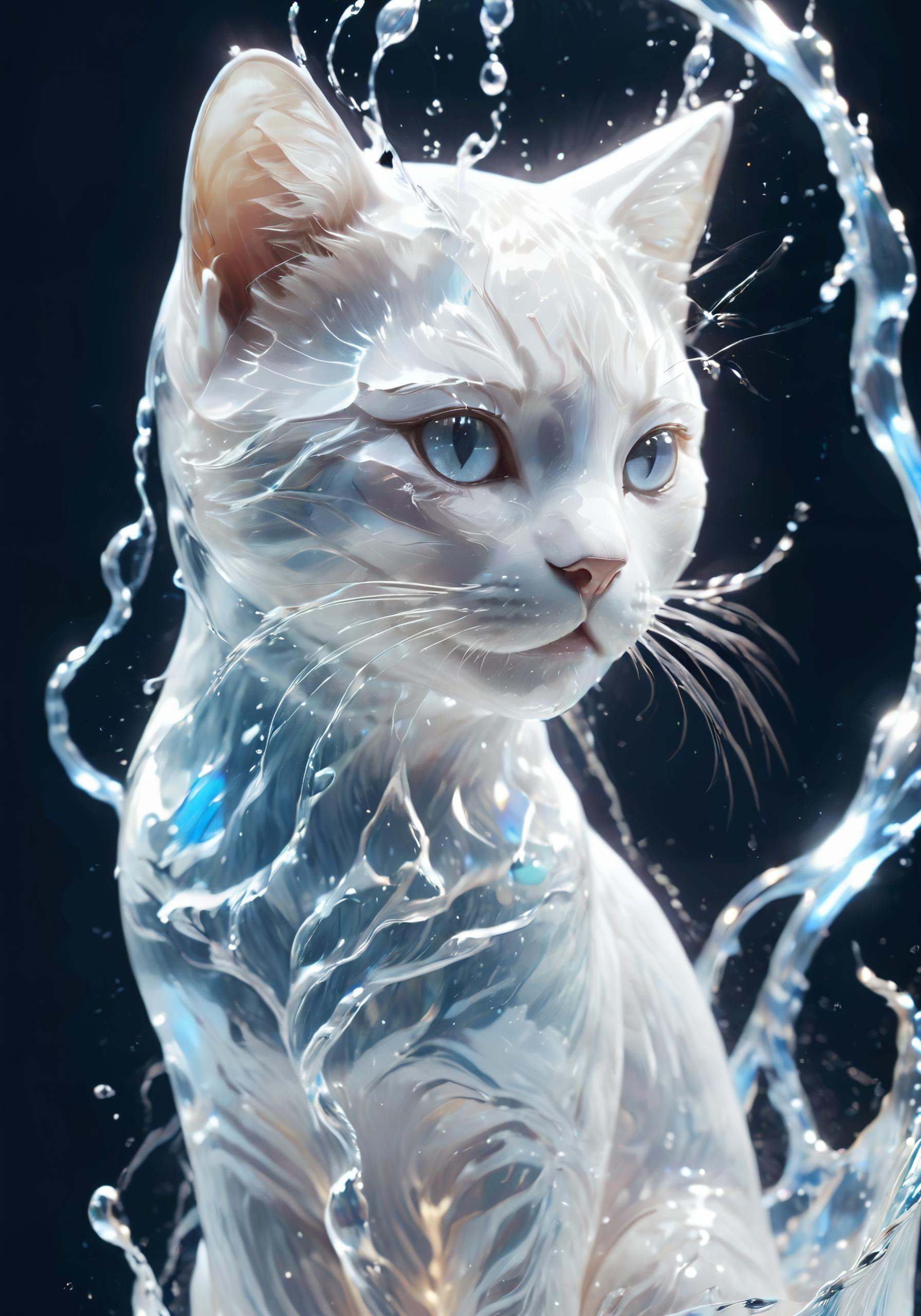 (Masterpiece, high quality, best quality, official art, beauty and aesthetics:1.2),<lora:xl-shanbailing-水元素1011waterV20:0.85>,water element,a cat made of water,water,(cat:1.2),