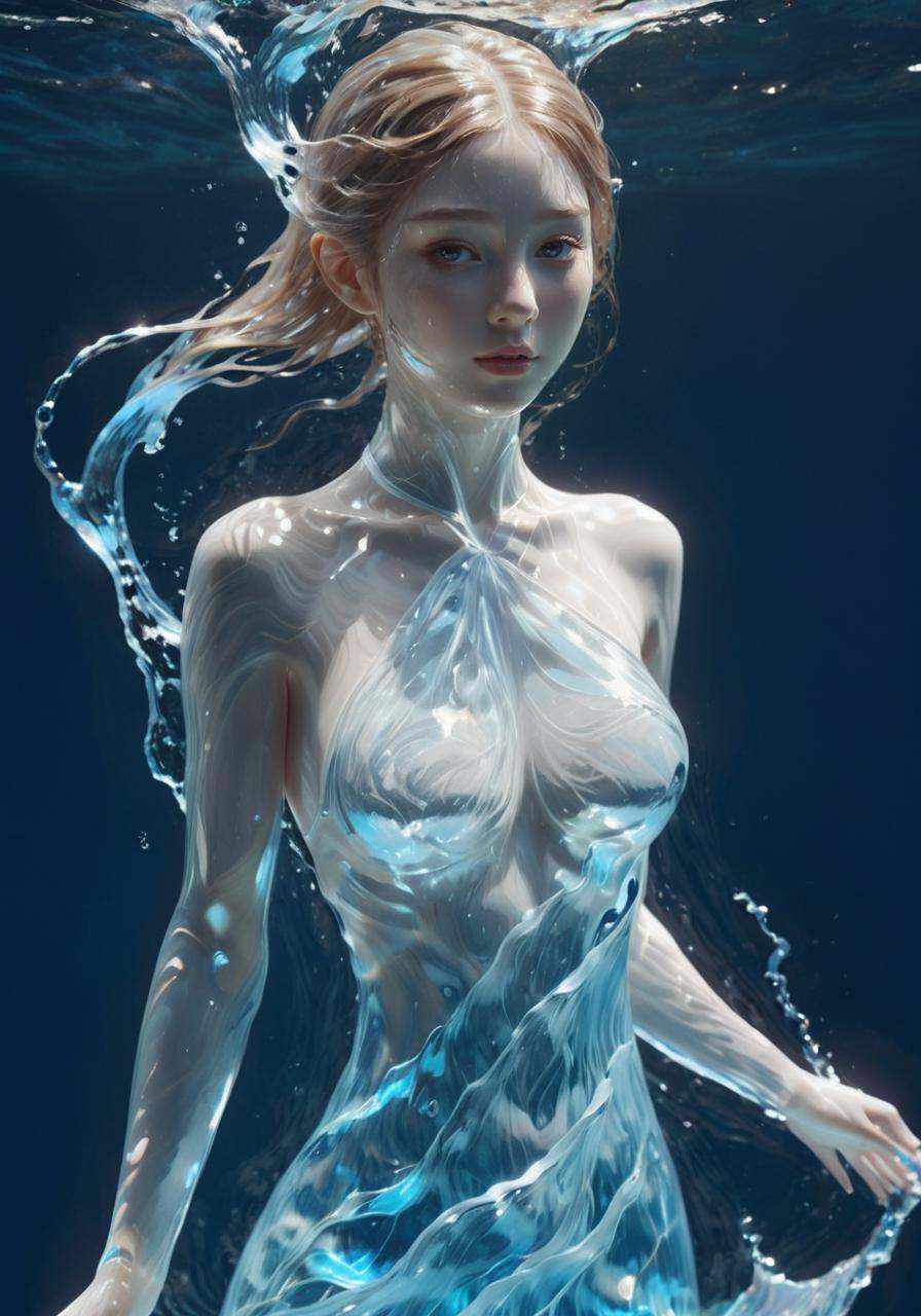 (Masterpiece, high quality, best quality, official art, beauty and aesthetics:1.2),<lora:xl-shanbailing-水元素1011waterV20:0.75>,water element,a girl made of water,1girl,water,realistic,reality,((translucent luminous body)),halter_dress,