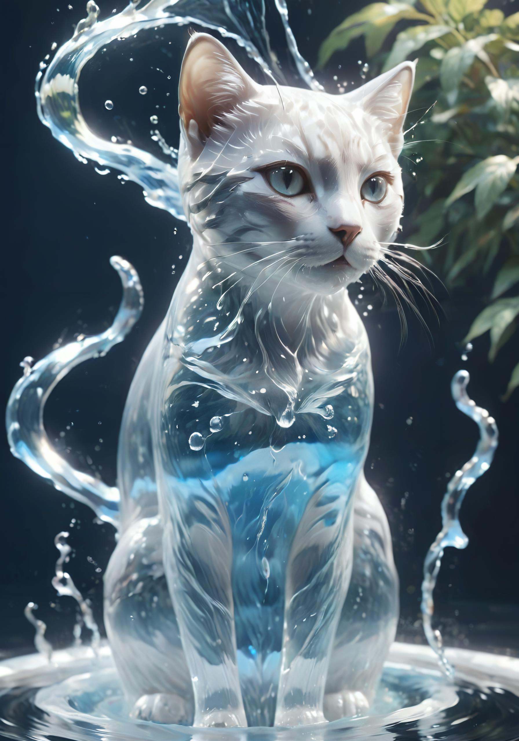 (Masterpiece, high quality, best quality, official art, beauty and aesthetics:1.2),<lora:xl-shanbailing-水元素1011waterV20:0.85>,water element,a cat made of water,water,(cat:1.2),