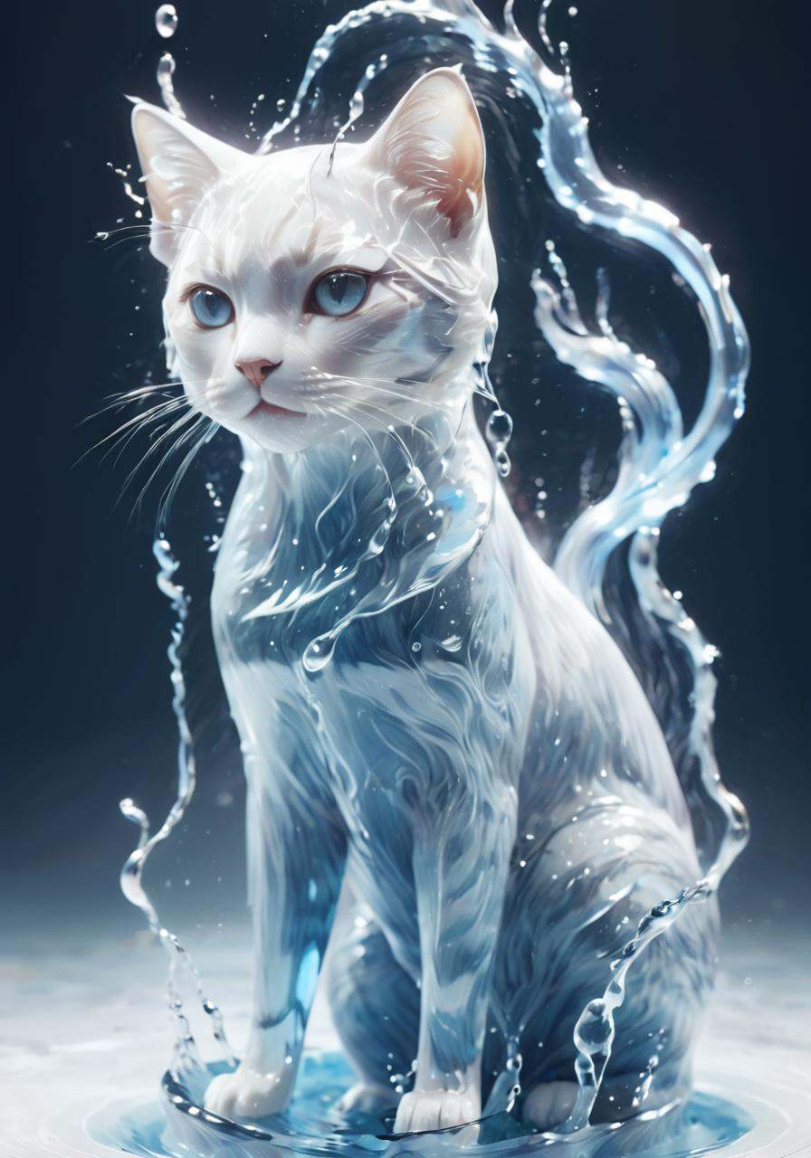 (Masterpiece, high quality, best quality, official art, beauty and aesthetics:1.2),<lora:xl-shanbailing-水元素1011waterV20:0.85>,water element,a cat made of water,water,(cat:1.2),