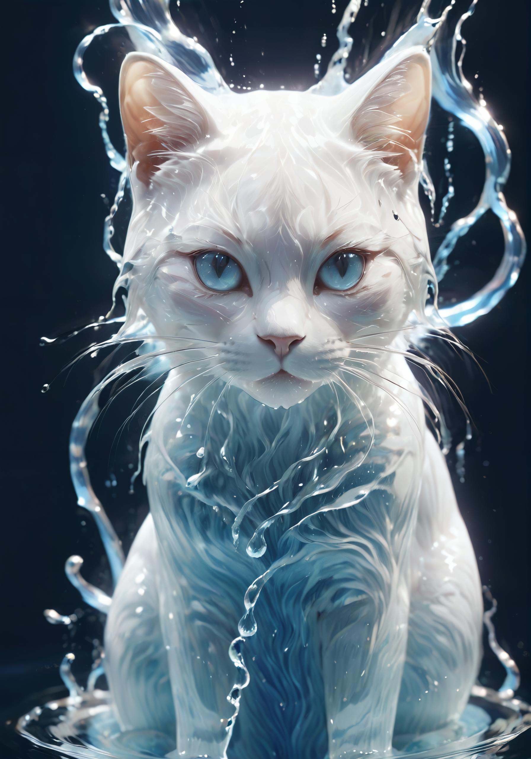 (Masterpiece, high quality, best quality, official art, beauty and aesthetics:1.2),<lora:xl-shanbailing-水元素1011waterV20:0.85>,water element,a cat made of water,water,(cat:1.2),