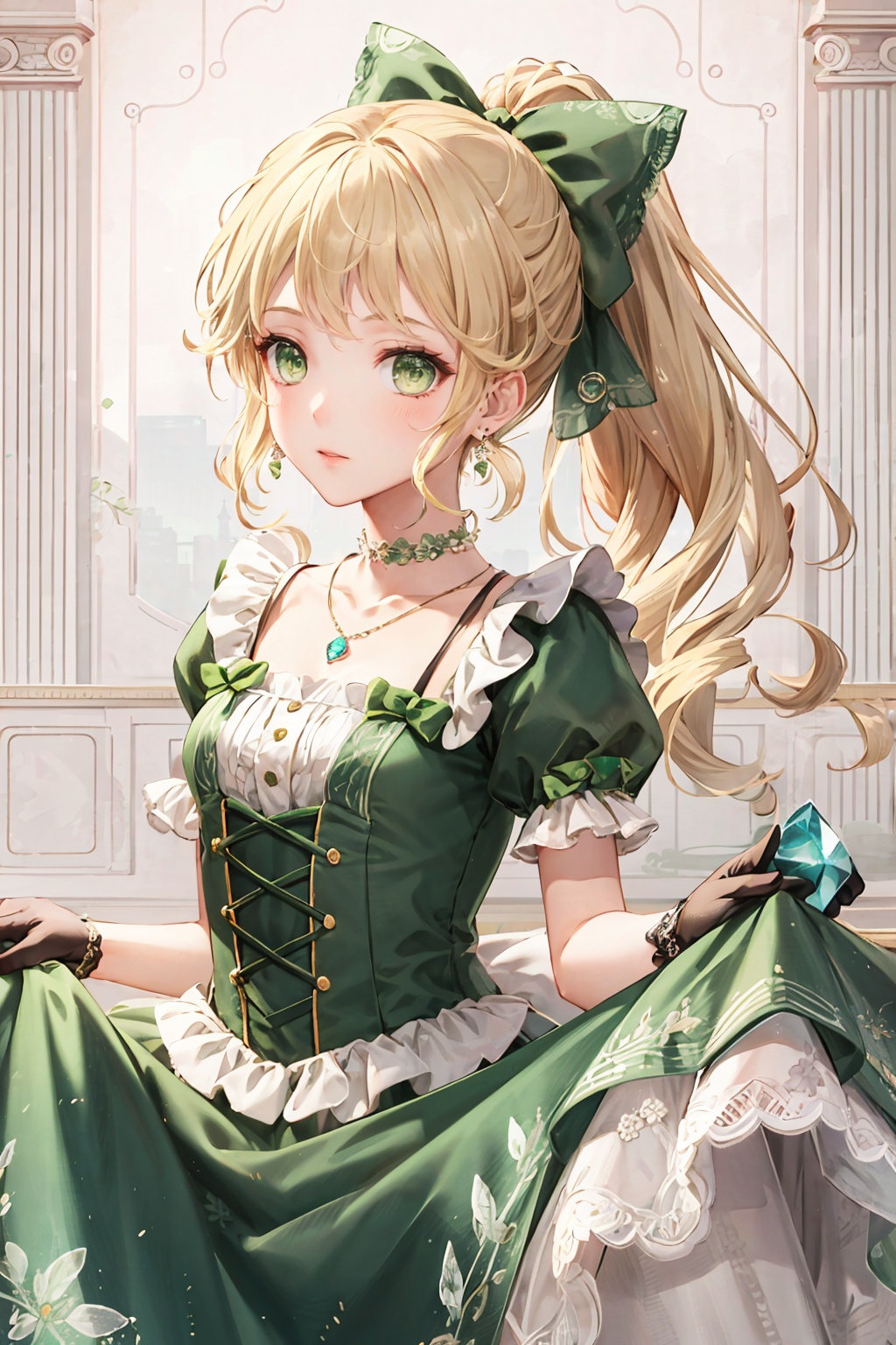 lvyi, 1girl, dress, blonde hair, solo, jewelry, earrings, long hair, green eyes, puffy sleeves, lace, gem, green dress, bow, short sleeves, hair bow, necklace, ribbon, skirt hold, puffy short sleeves, lace-trimmed dress, choker, lace gloves, green gemstone, ponytail, hair ribbon, lvyi