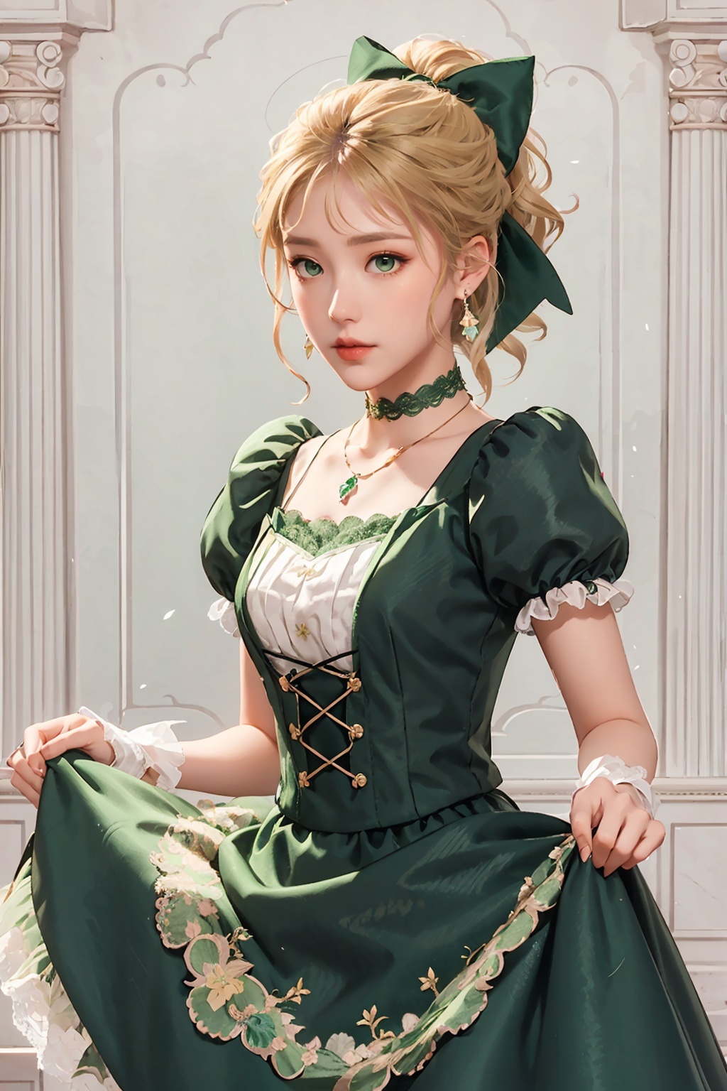 lvyi, 1girl, dress, blonde hair, solo, jewelry, earrings, long hair, green eyes, puffy sleeves, lace, gem, green dress, bow, short sleeves, hair bow, necklace, ribbon, skirt hold, puffy short sleeves, lace-trimmed dress, choker, lace gloves, green gemstone, ponytail, hair ribbon, lvyi