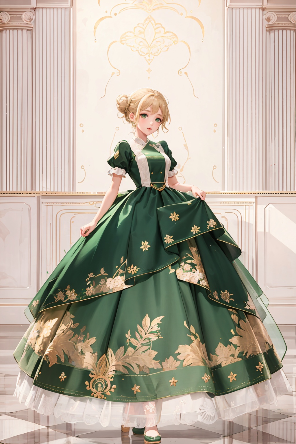lvyi, 1girl, dress, solo, blonde hair, green dress, full body, gown, hair bun, short sleeves, looking at viewer, long dress, puffy sleeves, green eyes, lace, jewelry, short hair