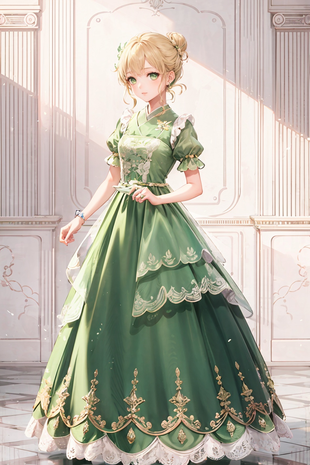 lvyi, 1girl, dress, solo, blonde hair, green dress, full body, gown, hair bun, short sleeves, looking at viewer, long dress, puffy sleeves, green eyes, lace, jewelry, short hair