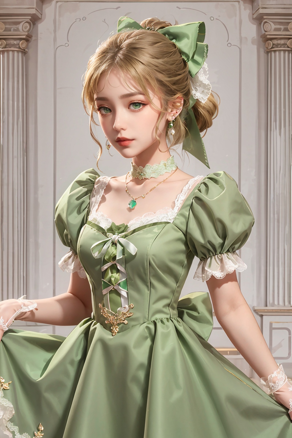 lvyi, 1girl, dress, blonde hair, solo, jewelry, earrings, long hair, green eyes, puffy sleeves, lace, gem, green dress, bow, short sleeves, hair bow, necklace, ribbon, skirt hold, puffy short sleeves, lace-trimmed dress, choker, lace gloves, green gemstone, ponytail, hair ribbon, lvyi