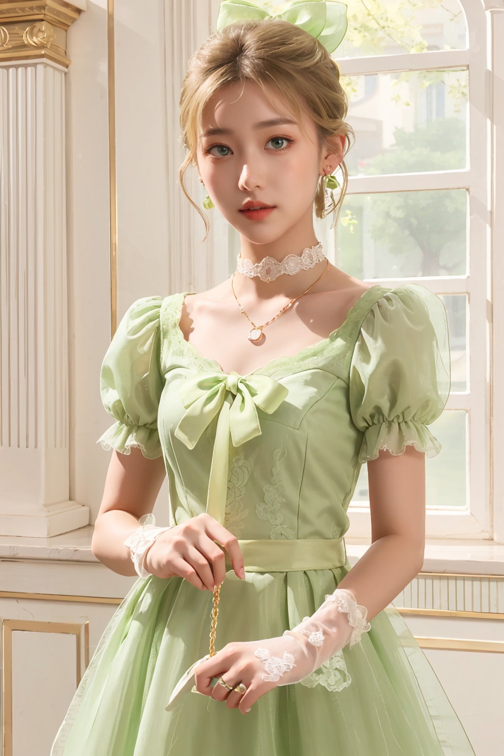 lvyi, 1girl, dress, blonde hair, solo, jewelry, earrings, long hair, green eyes, puffy sleeves, lace, gem, green dress, bow, short sleeves, hair bow, necklace, ribbon, skirt hold, puffy short sleeves, lace-trimmed dress, choker, lace gloves, green gemstone, ponytail, hair ribbon, lvyi