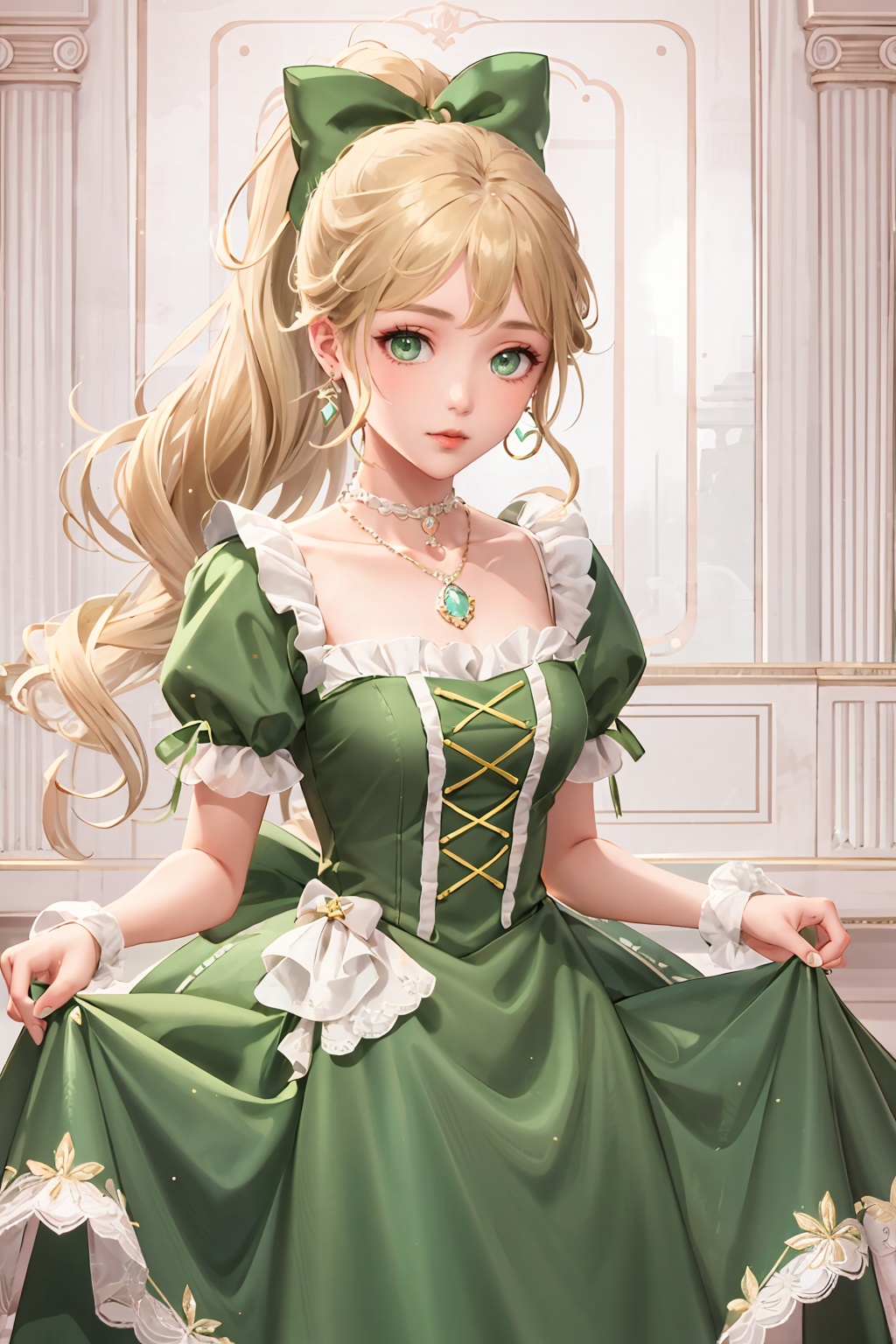 lvyi, 1girl, dress, blonde hair, solo, jewelry, earrings, long hair, green eyes, puffy sleeves, lace, gem, green dress, bow, short sleeves, hair bow, necklace, ribbon, skirt hold, puffy short sleeves, lace-trimmed dress, choker, lace gloves, green gemstone, ponytail, hair ribbon, lvyi