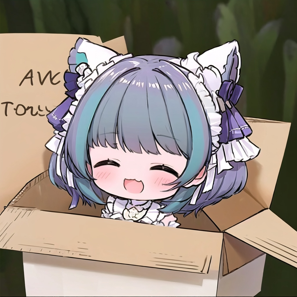 <lora:CheshireV12:1>,cheshire,:3d,:d,solo,closed eyes,chibi,smile,the body is in the cardboard box,