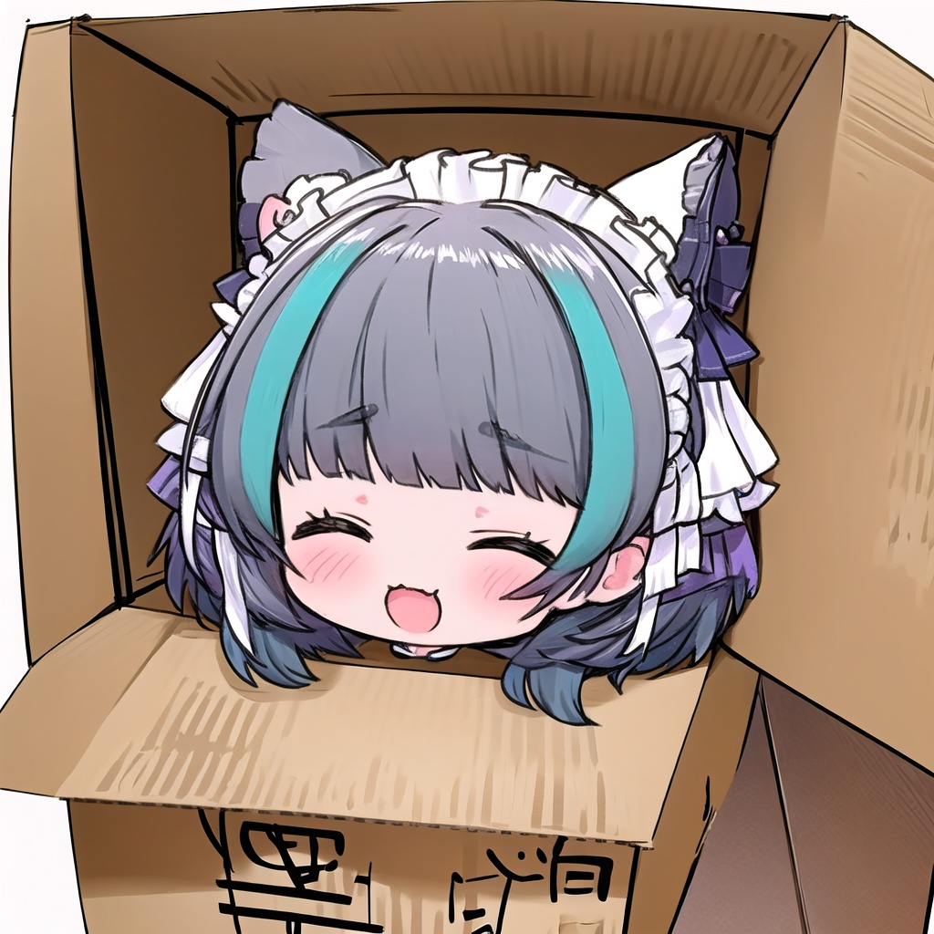 <lora:CheshireV12:1>,cheshire,:3d,:d,solo,closed eyes,chibi,smile,the body is in the cardboard box,