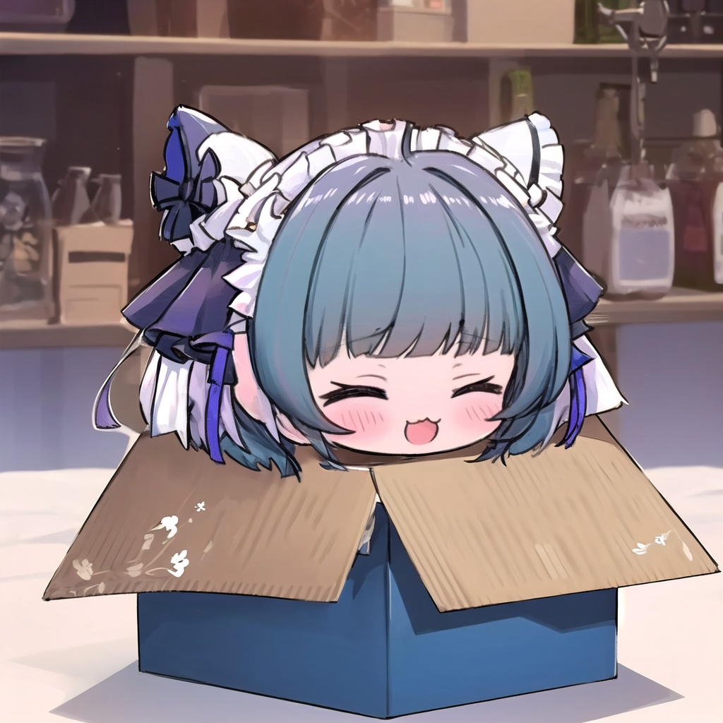<lora:CheshireV12:1>,cheshire,:3d,:d,solo,closed eyes,chibi,smile,the body is in the cardboard box,