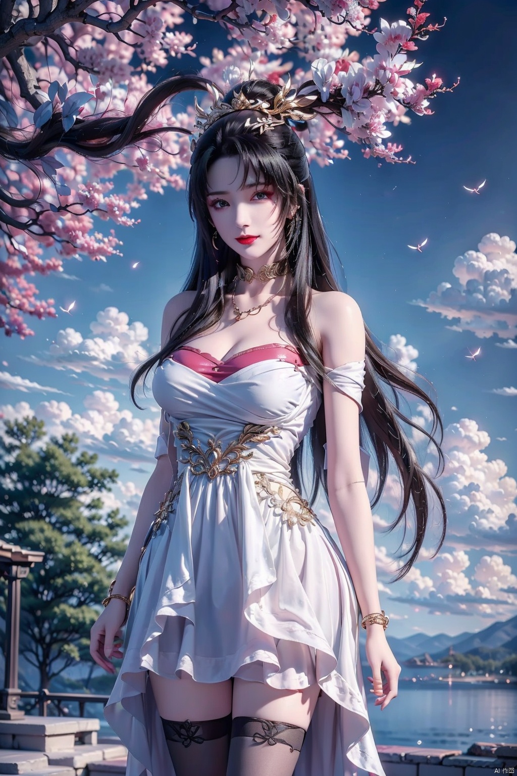 1girl,  jewelry,  dress,  solo,  long hair,  thighhighs,  white dress,  black hair,  earrings,  outdoors,  necklace,  sky,  blurry background,  breasts,  bare shoulders,  blue sky,  very long hair,  looking at viewer,  blurry,  black thighhighs,  tree,  day,  arms behind back,  red lips,  cloud,  cowboy shot,  large breasts,  choker,  ponytail,  hair ornament,  blackpantyhose,  tianhu,<lora:EMS-55693-EMS:0.600000>,<lora:EMS-169836-EMS:0.800000>,<lora:EMS-5596-EMS:0.300000>