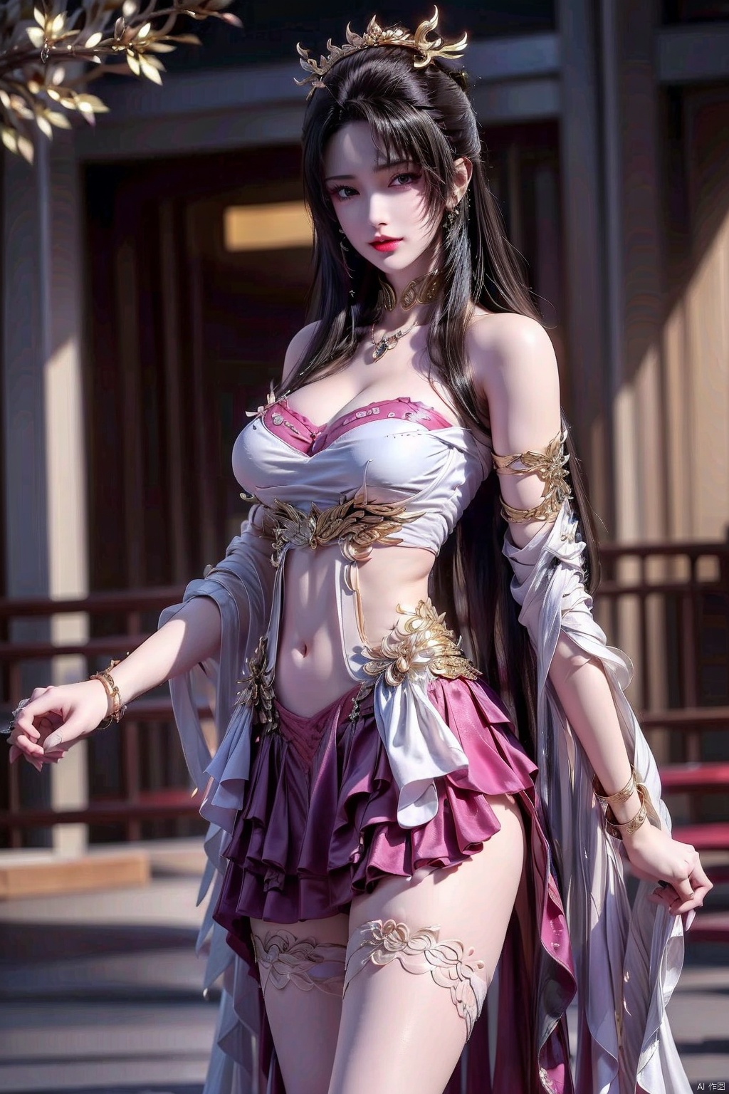 1girl,  breasts,  solo,  underwear,  jewelry,  long hair,  panties,  navel,  earrings,  blurry background,  thighhighs,  white dress,  blurry,  dress,  large breasts,  outdoors,  cleavage,  black hair,  bare shoulders,  white panties,  red lips,  bracelet,  tail,  parted lips,  white thighhighs,  tree,  thighs,  standing,  cowboy shot,  day,  tianhu,  tutututu,<lora:EMS-169836-EMS:0.800000>,<lora:EMS-179-EMS:0.800000>,<lora:EMS-165726-EMS:0.300000>