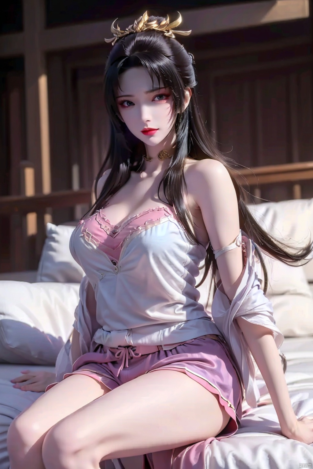 (Masterpiece,  Best Quality: 1.4), High Resolution,  Ultra Detail,  (1girl: 1.3),  BREAK IR Photography,  Otherworldly Tones,  Surrealist Landscapes, Vivid Colors, Creative Expression,  Textured Art, (good hands), yuechan, yx-hd, 1girl, meidusha, tianhu, liushen, yunyun, A girl, kawaiitech, xwhd, yun, The glowing eyes,  the seductive expression, face, cowboy shot,  solo, Perfect long legs,  sexy long legs, (round), (((Be seated))), (Plump figure), tactile, full, healthy, solid, healthy, (((Pink minimal camisole pajamas))), Clean neck,  clean chest, Purple pupils,  purple eyes, (((Denim shorts))),  tianhu,<lora:EMS-39417-EMS:0.300000>,<lora:EMS-169836-EMS:0.800000>