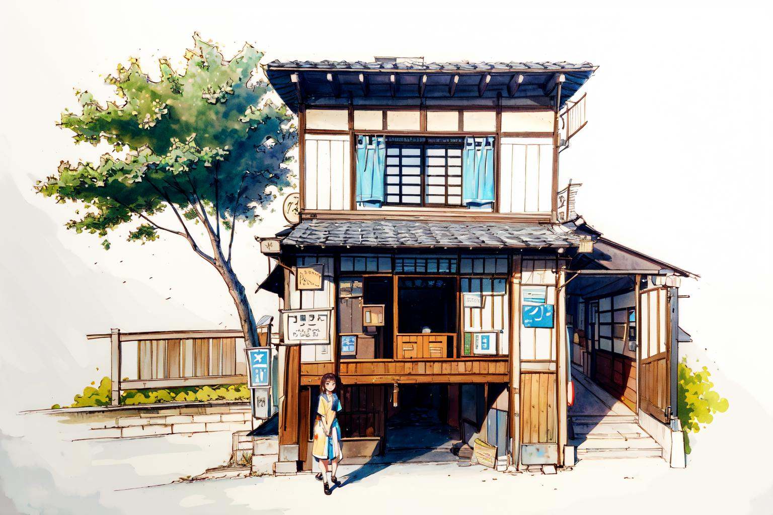 -Architectural marker painting, 1girl, tree, brown hair, shirt, solo, architecture, building, east asian architecture, short sleeves, sign, bridge<lora:Architectural marker painting-000018:1>