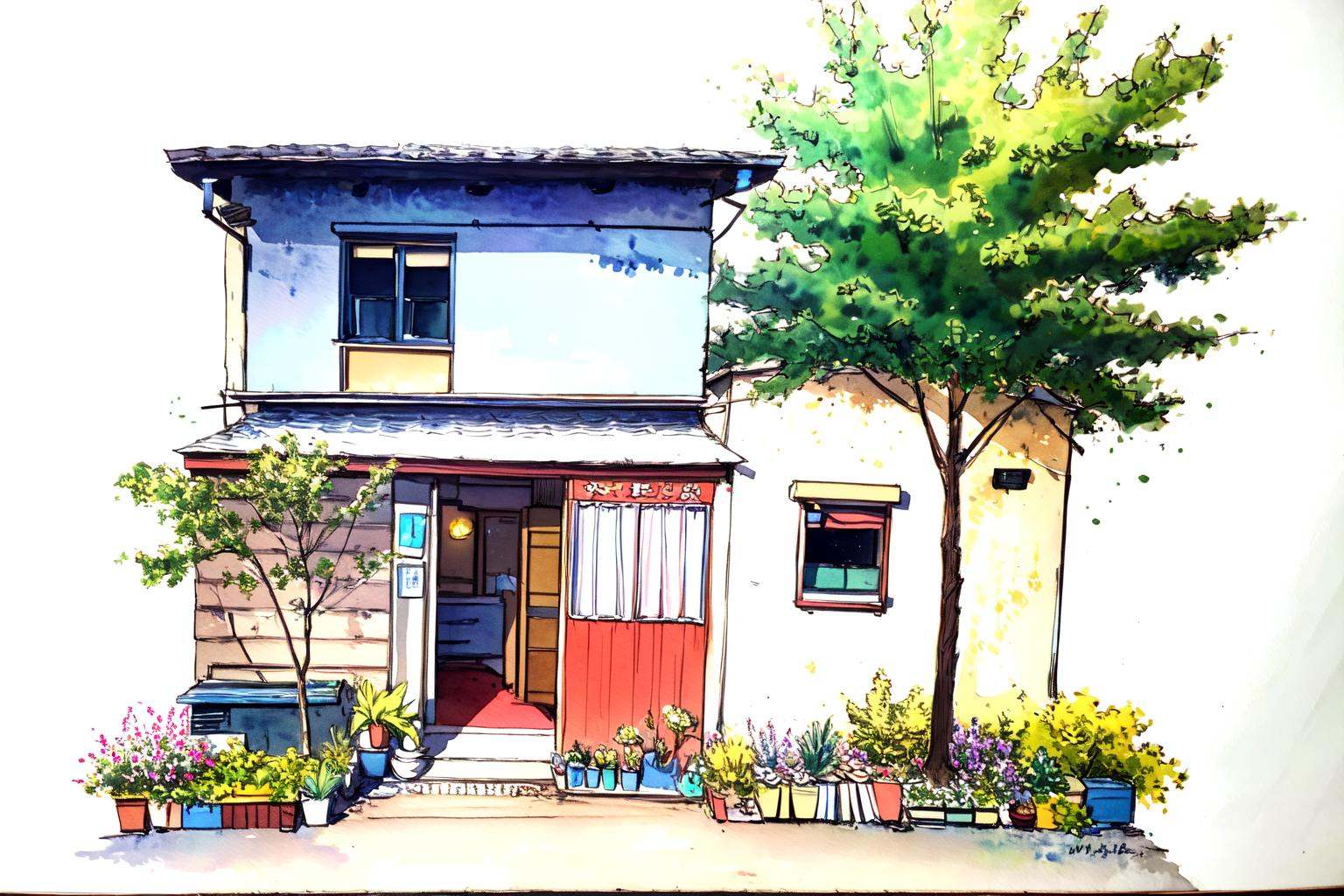 -Architectural marker painting, no humans, traditional media, watercolor \(medium\), painting \(medium\), plant, scenery, tree, flower, white background, window, outdoors<lora:Architectural marker painting-000018:1>
