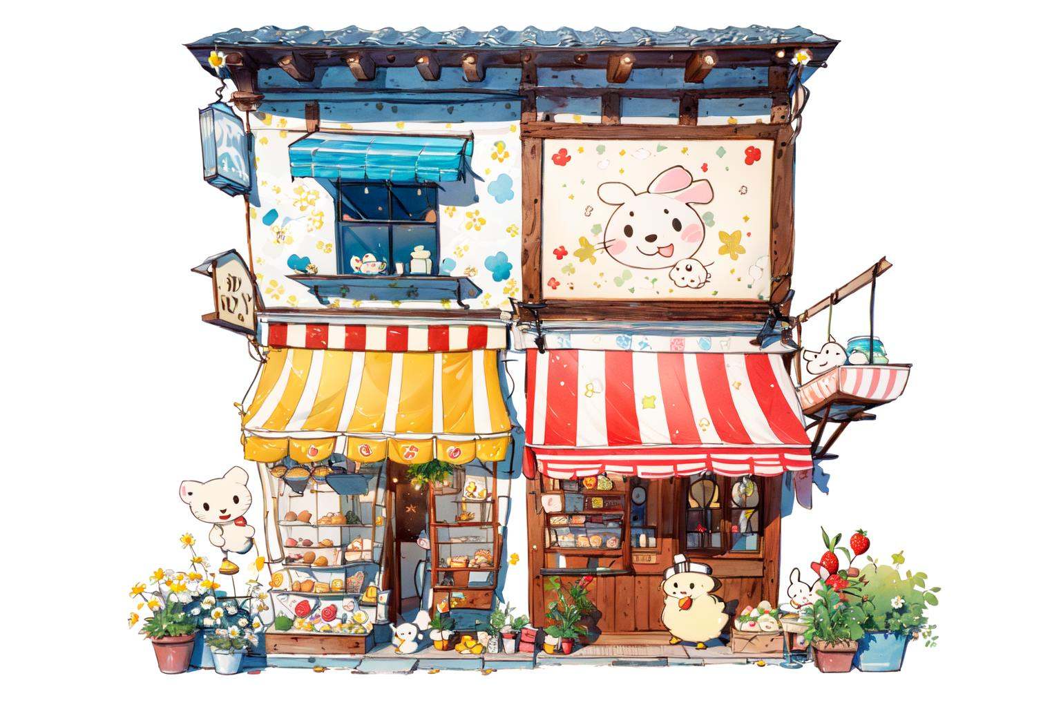 -Architectural marker painting, flower, bird, bow, rabbit, plant, food, white flower, cat, red bow, no humans, potted plant, fruit, white background, sign, smile, animal, holding, hat, ladder, dog, vines, watering can, basket, cup, shop, chicken, box, bug, simple background, strawberry, standing, house, red headwear, daisy<lora:Architectural marker painting-000018:1>