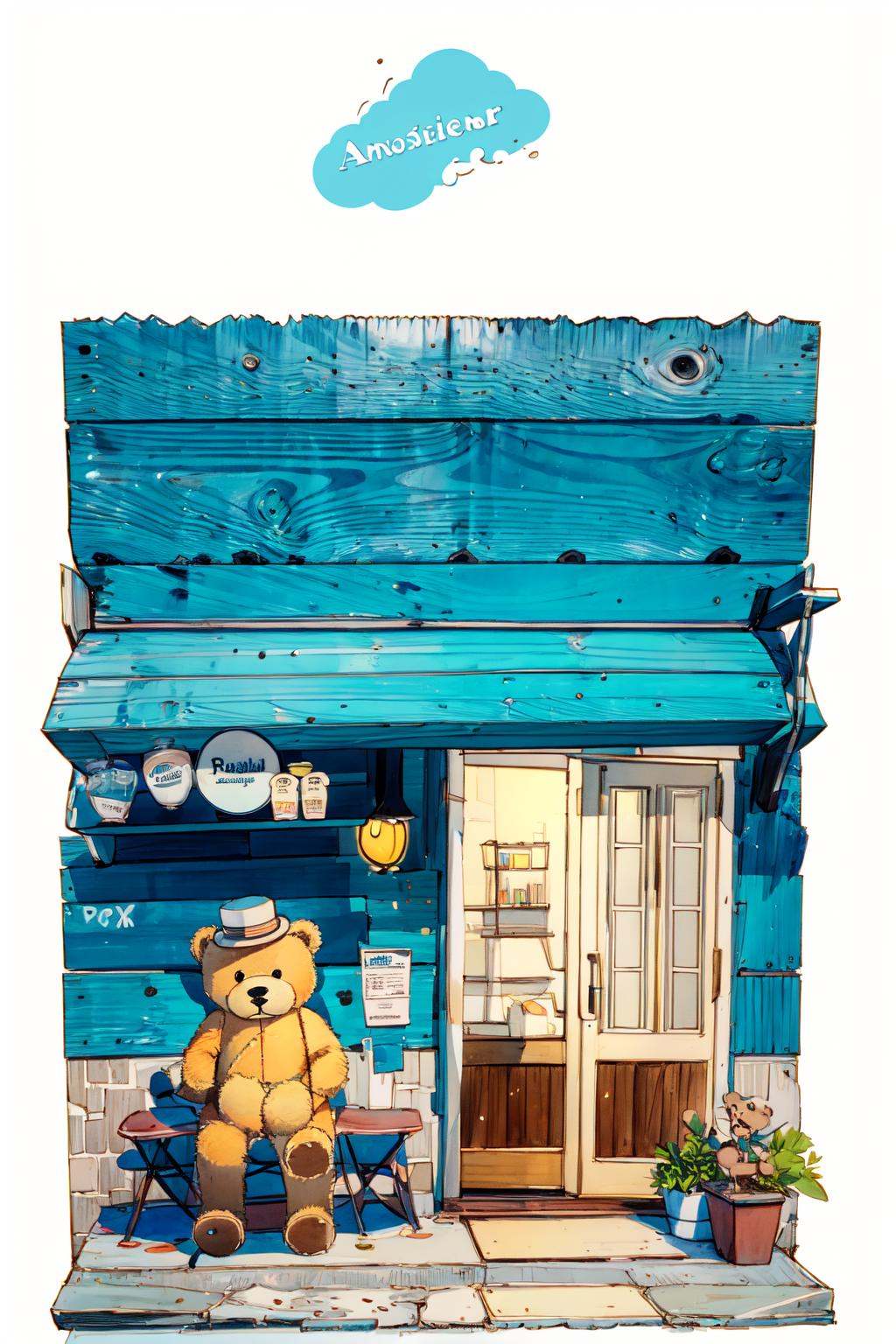 -Architectural marker painting, no humans, teddy bear, stuffed animal, stuffed toy, hat, potted plant, plant, door, cup, sitting, bear, table, bottle, scenery, english text<lora:Architectural marker painting-000018:1>