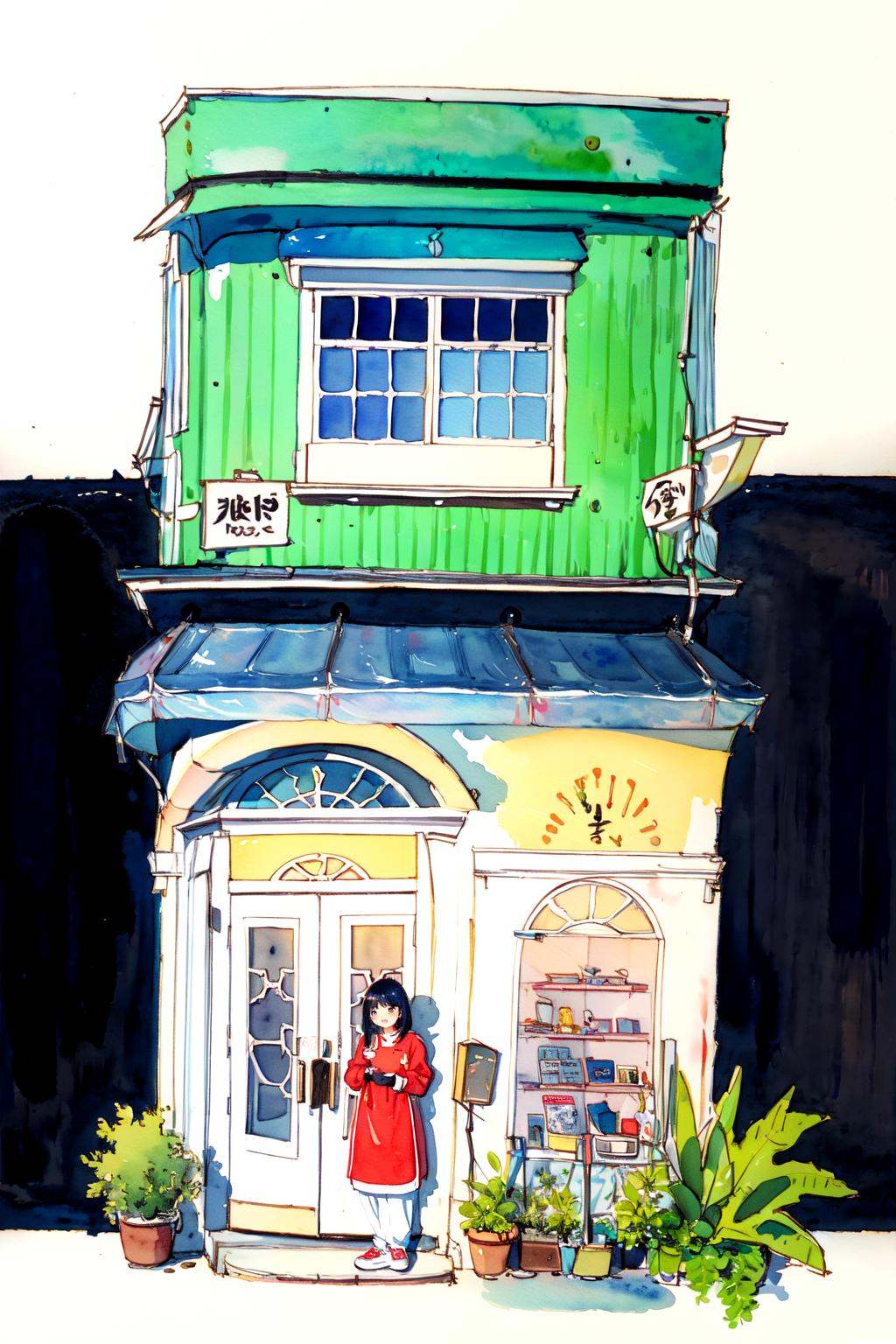 -Architectural marker painting, plant, potted plant, door, painting \(medium\), apron, traditional media, watercolor \(medium\), 1girl, solo, window, shop, storefront, shirt, long sleeves, standing, white background, white shirt, pants, red footwear, holding, shoes<lora:Architectural marker painting-000018:1>