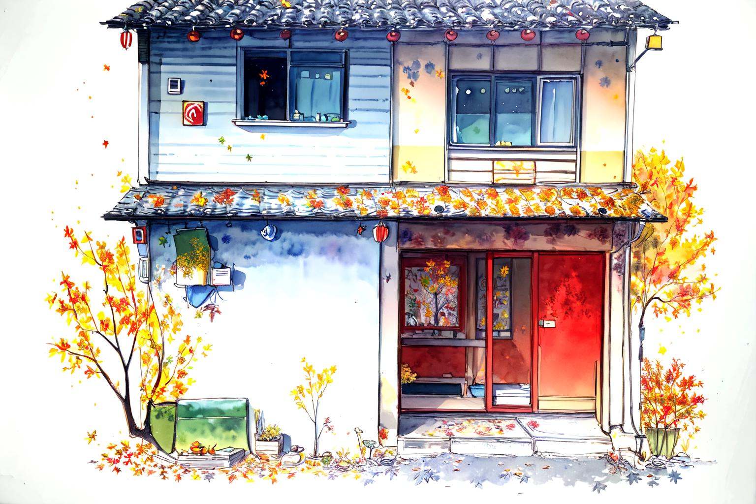 -Architectural marker painting, no humans, plant, traditional media, scenery, tree, potted plant, leaf, watercolor \(medium\), painting \(medium\), outdoors, autumn leaves, door, autumn, white background, architecture<lora:Architectural marker painting-000018:1>