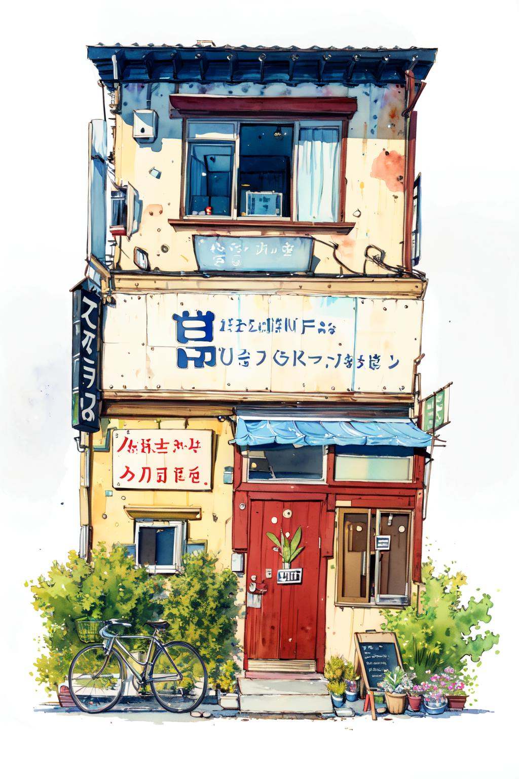 -Architectural marker painting, bicycle, no humans, plant, ground vehicle, scenery, door, window, traditional media, potted plant, watercolor \(medium\), white background, painting \(medium\), sign, outdoors<lora:Architectural marker painting-000018:1>