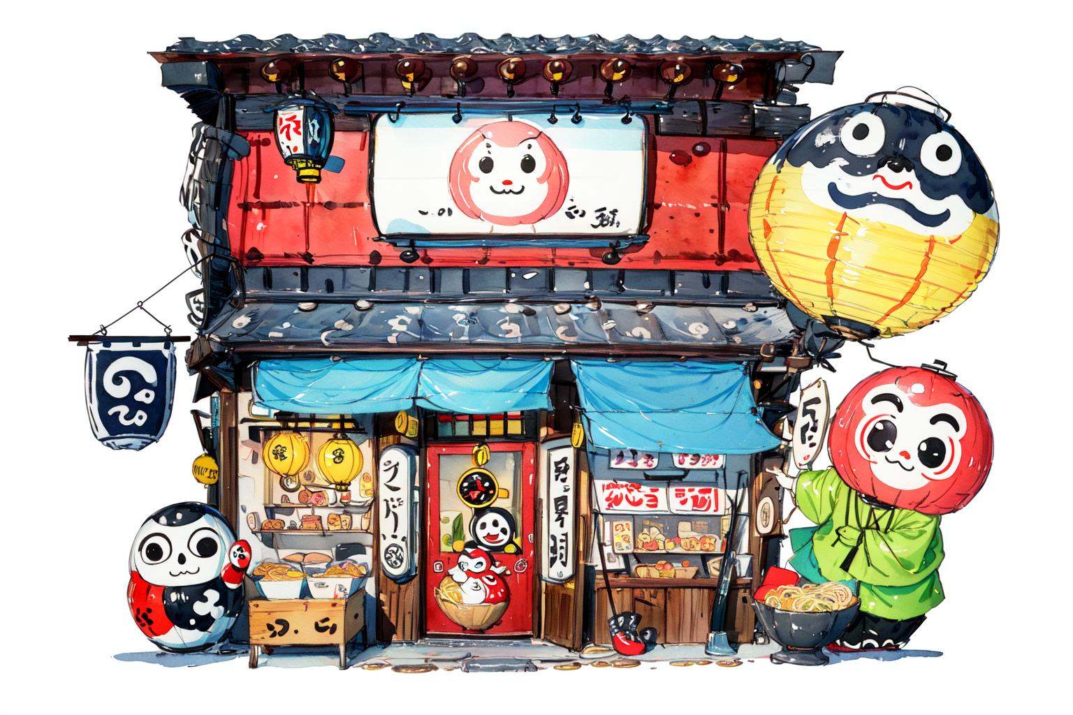 -Architectural marker painting, noodles, no humans, ramen, food, traditional media, white background, sign, building, window, bowl, daruma doll, yellow sclera, paper lantern, simple background, painting \(medium\), door, watercolor \(medium\), tengu mask, lantern, colored sclera, shop<lora:Architectural marker painting-000018:1>