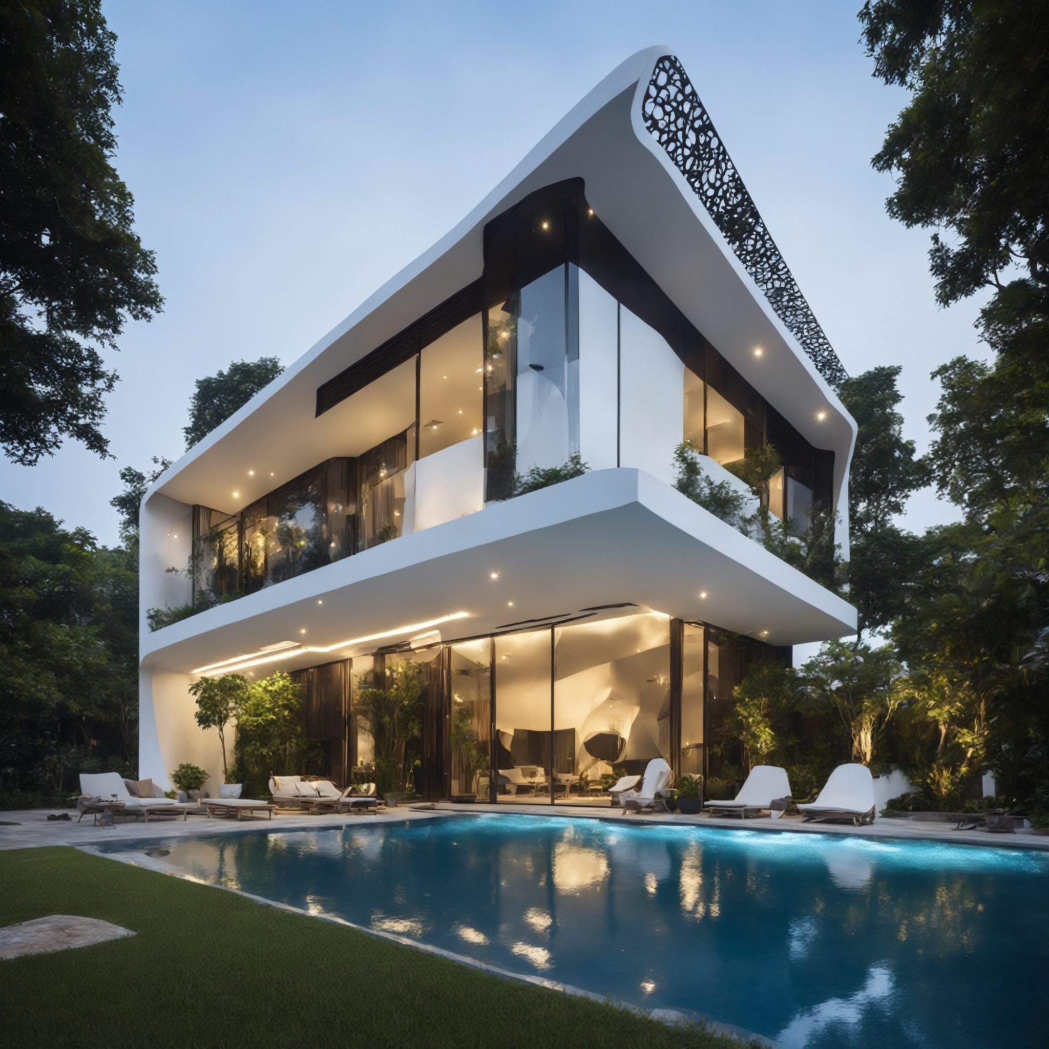 a house town villa in Hanoi,  Vietnam with wonderful and luxury exterior designing by Zaha Hadid. Glass and led lighting m...