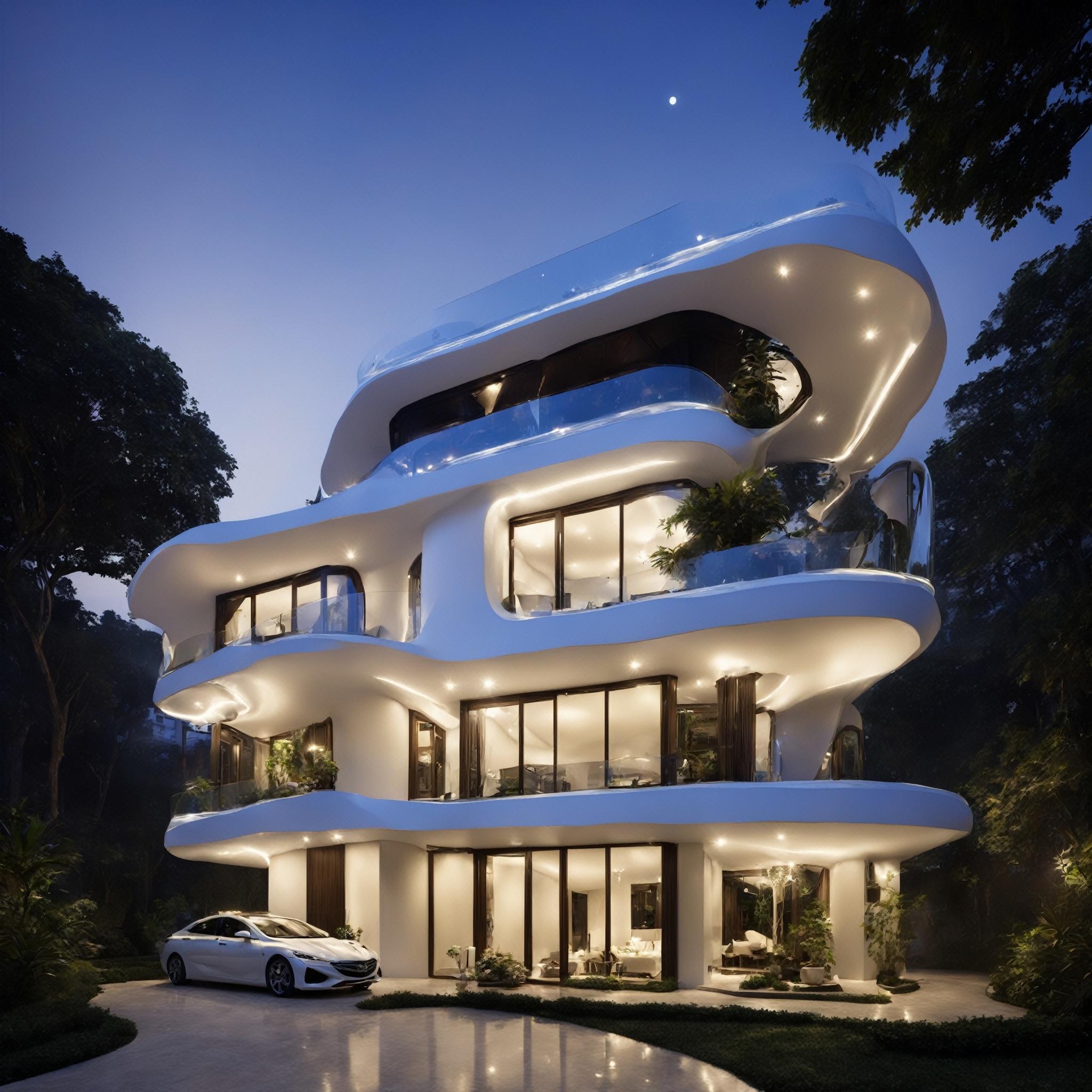 a house town villa in Hanoi,  Vietnam with wonderful and luxury exterior designing by Zaha Hadid. Glass and led lighting m...