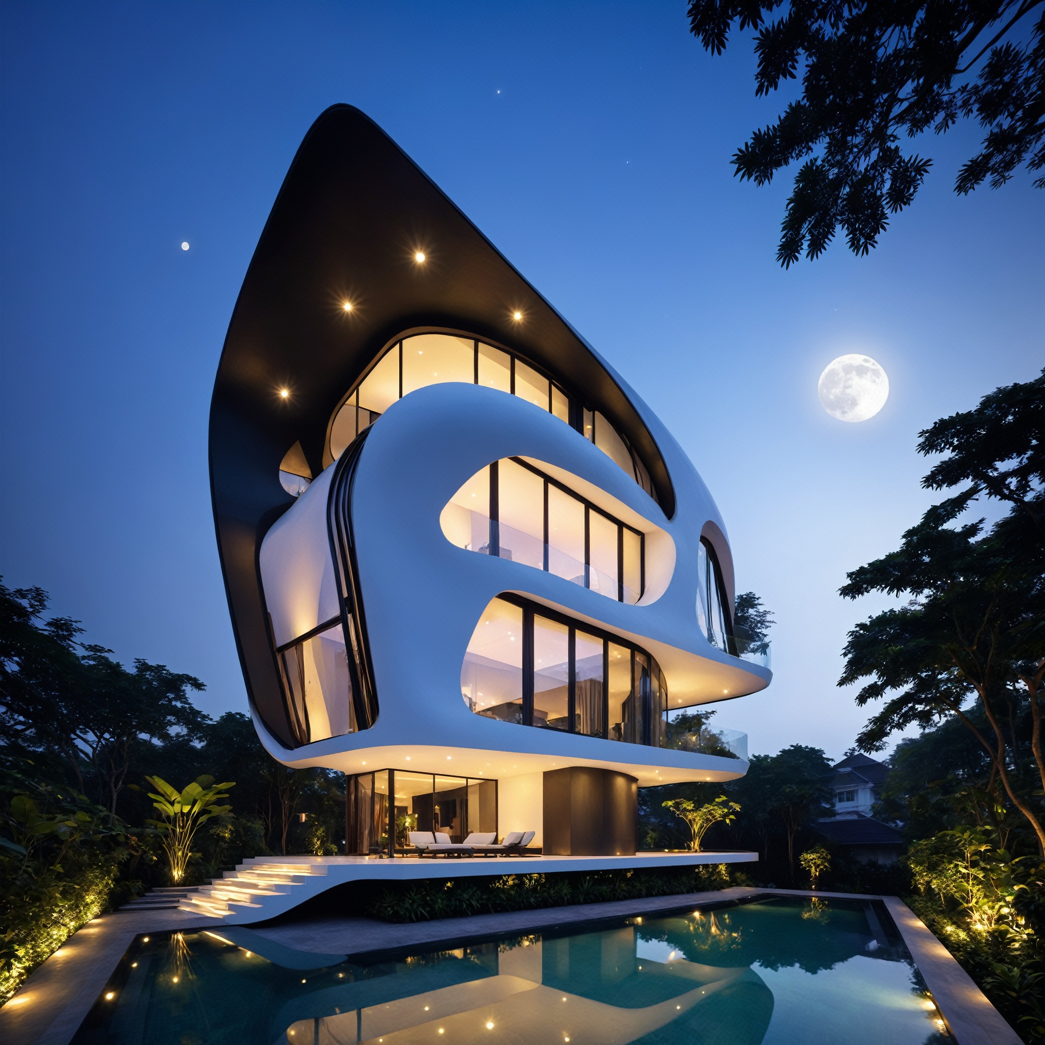 a house town villa in Hanoi,  Vietnam with wonderful and luxury exterior designing by Zaha Hadid. Glass and led lighting m...