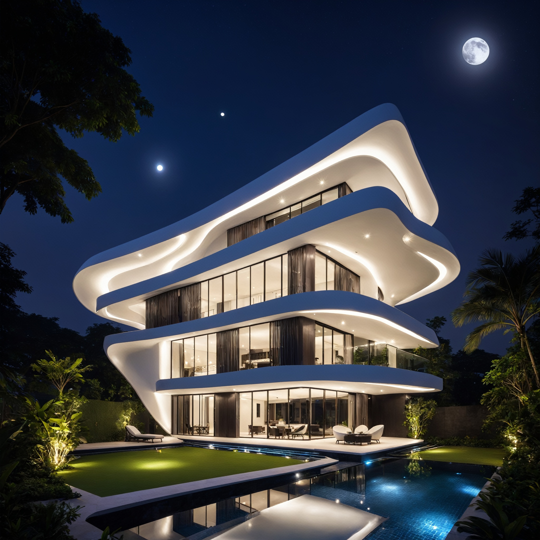 a house town villa in Hanoi,  Vietnam with wonderful and luxury exterior designing by Zaha Hadid. Glass and led lighting m...
