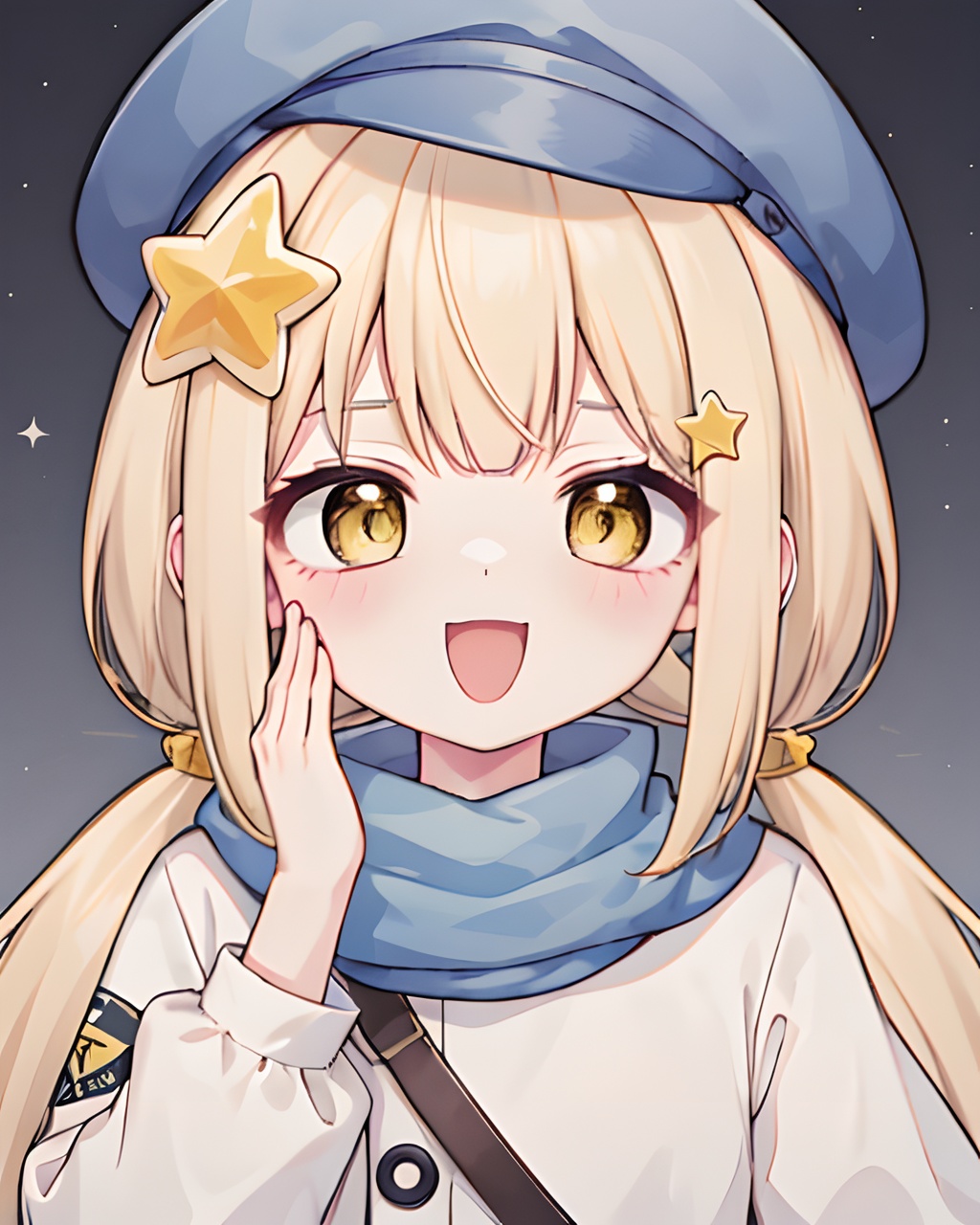  1girl,solo, smug,laugh,taunt,mocking smile,open mouthhair ornament,1girl,solo, hat, blonde hair, hair ornament, yellow eyes,twintails, star hair ornament,blue scarf,long hair,hand on own face,